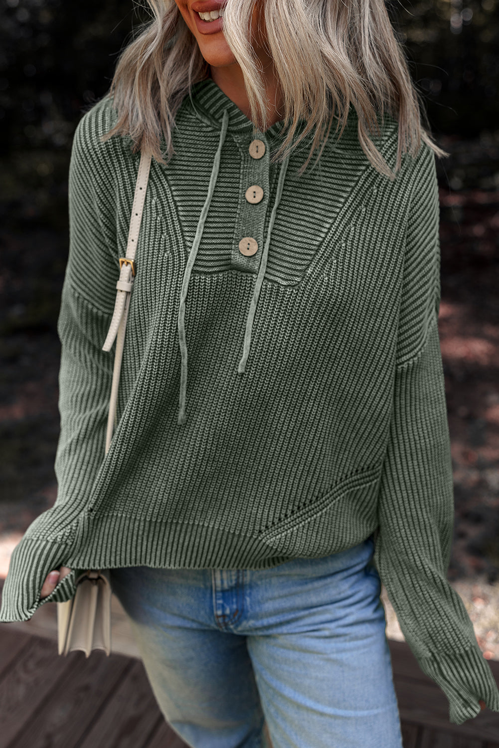 Mineral Wash Rib-Knit Knit Button Drawcord Neck Hooded Knit Top