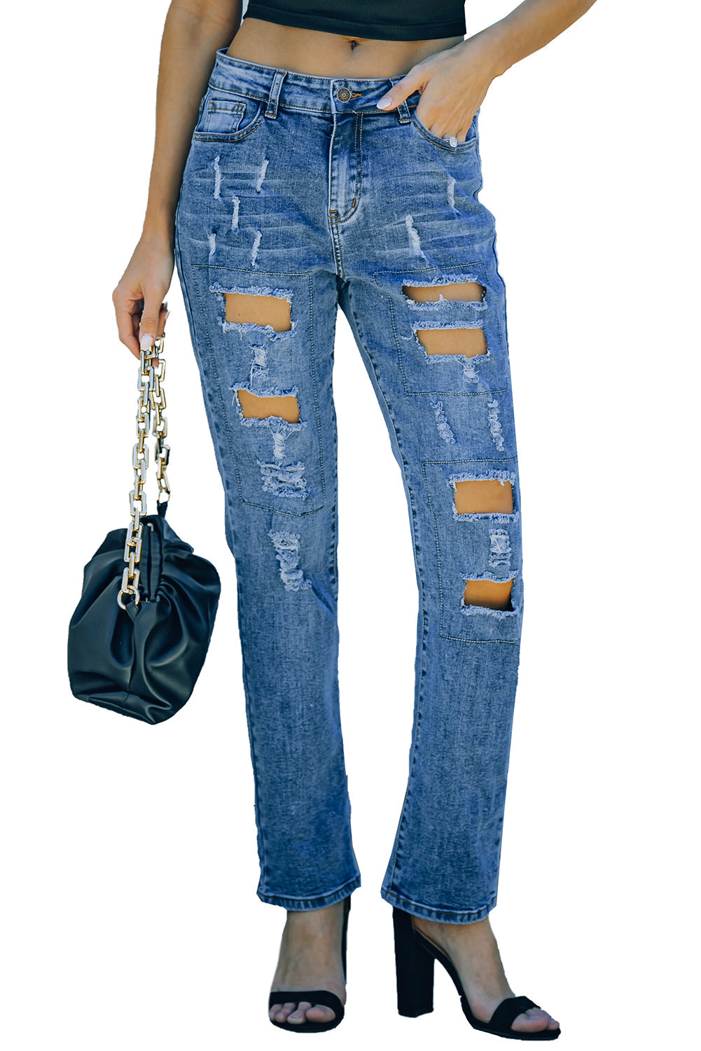 Women's Jeans with Button-Front Pockets Distressed