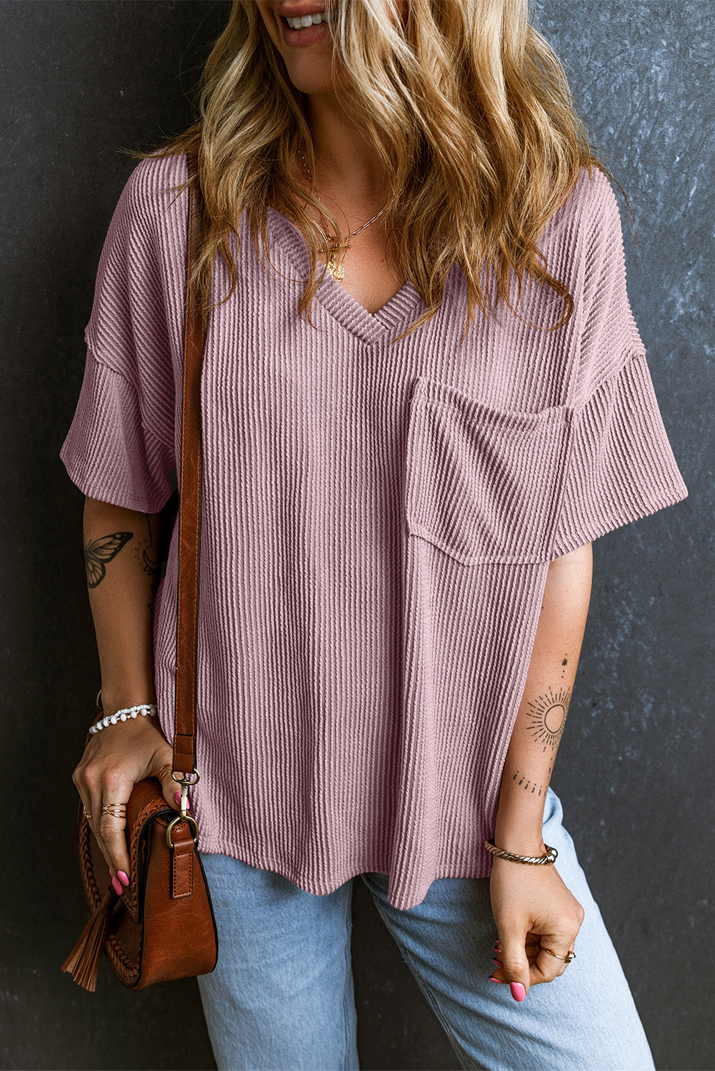 V-Neck Chest Corded Chest Pocket Loose T-shirt