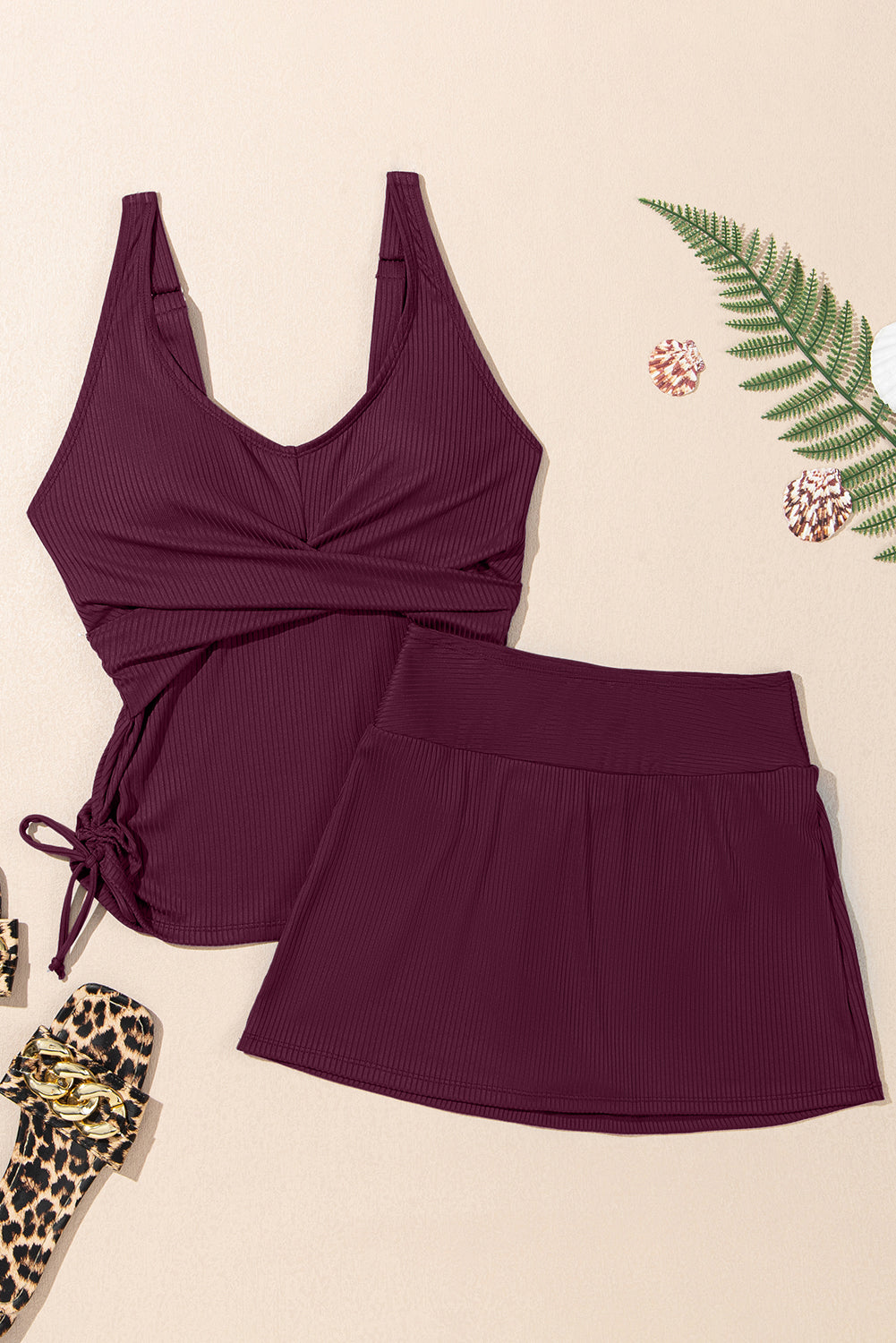 Crossed Rib-Knit Knit Detail Tank Skort 2pcs Swimsuit in Burgundy