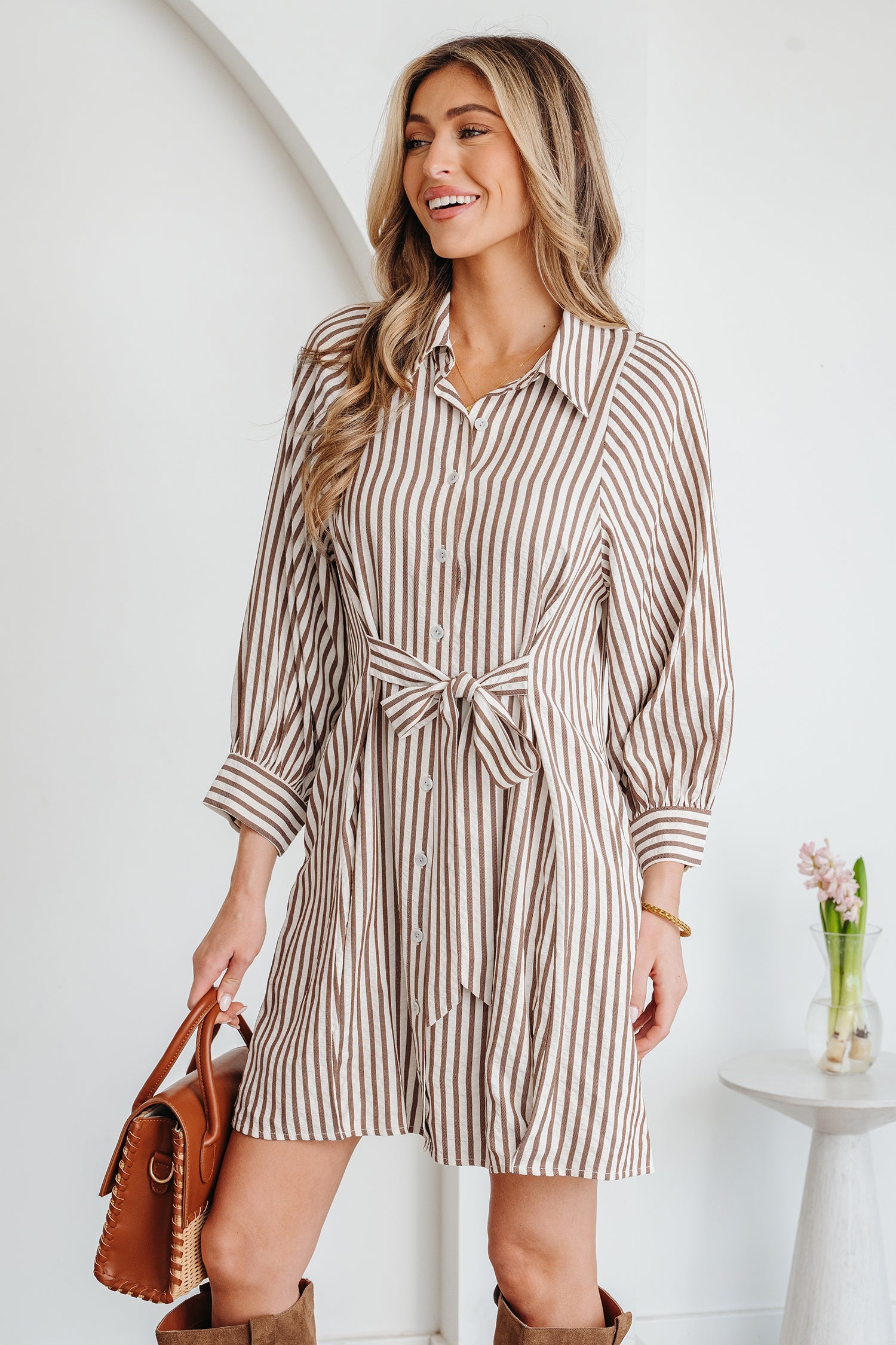 Stripe Knot Waist Button Down Mini Shirt Dress in Brown