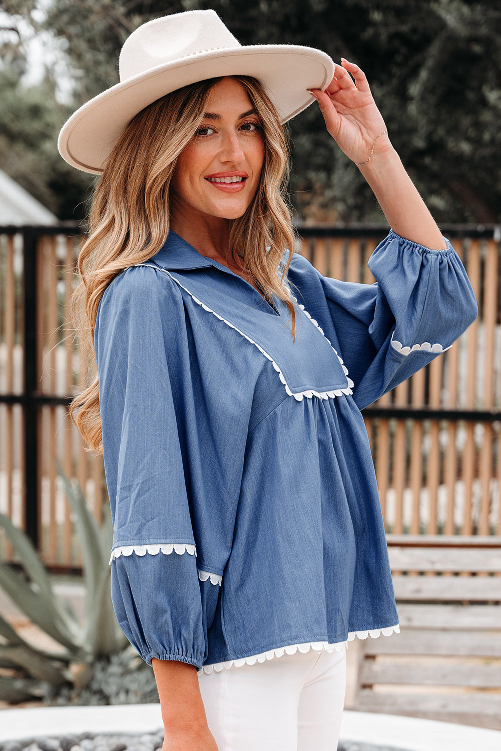 Ric Rac Lace Rac 3/4 Puff Sleeve Collared Babydoll Blouse