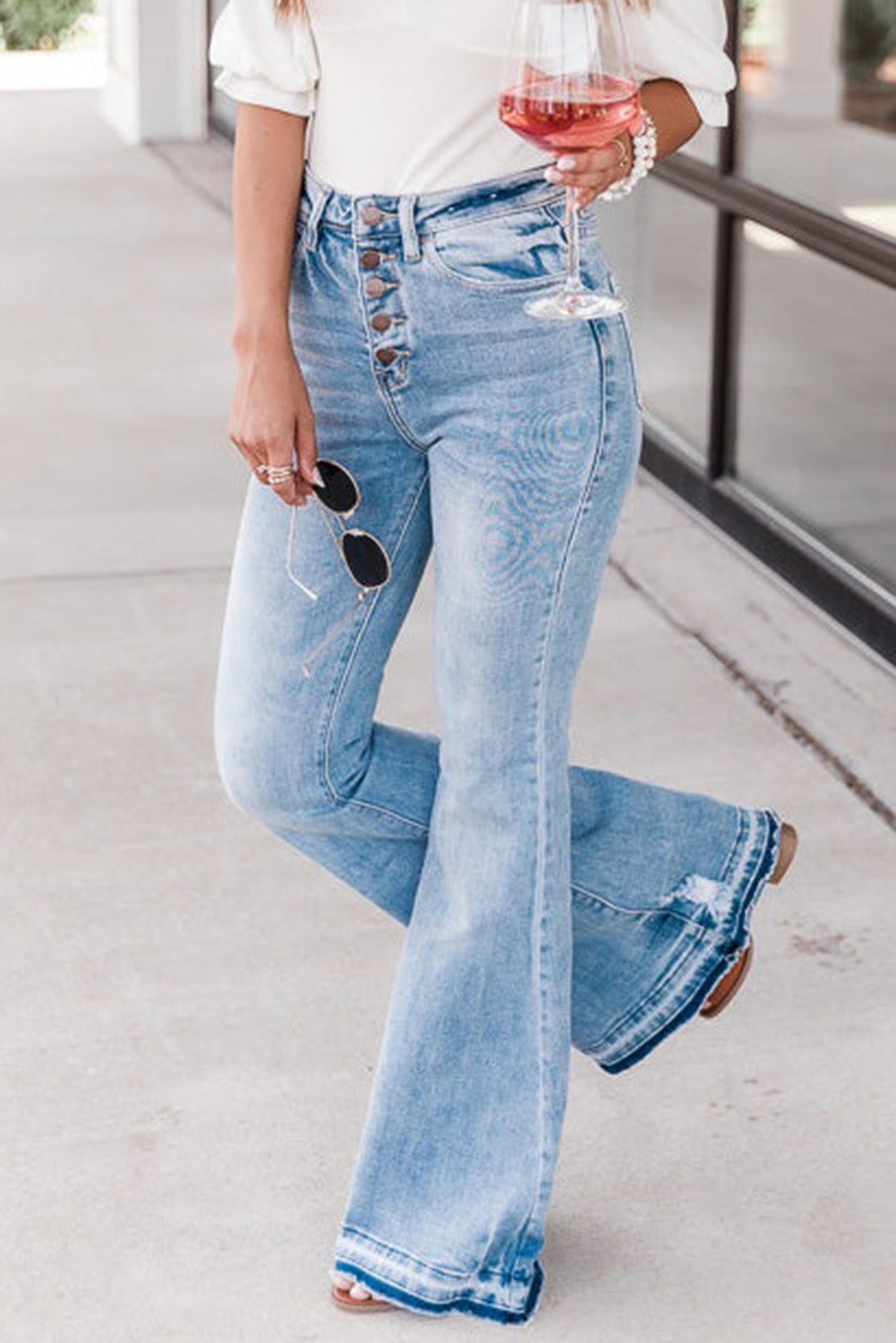 Women's High-Rise Button-Front Distressed Flared Jeans