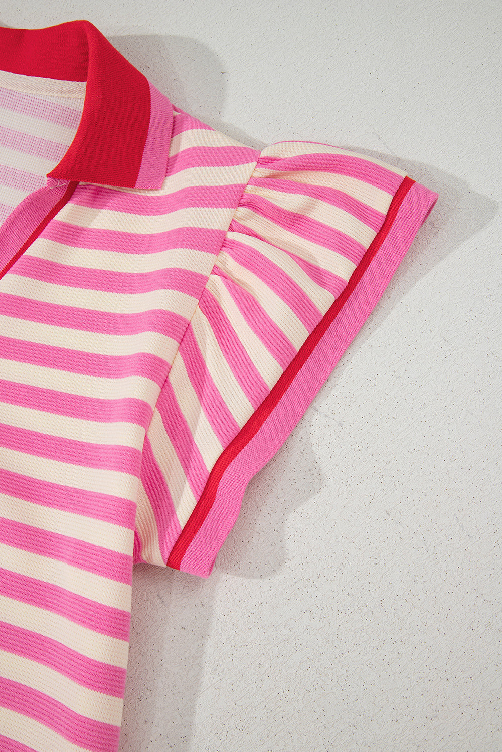 Contrast Stripe Print Collar Split Neck Flutter Sleeve Short Dress in Pink