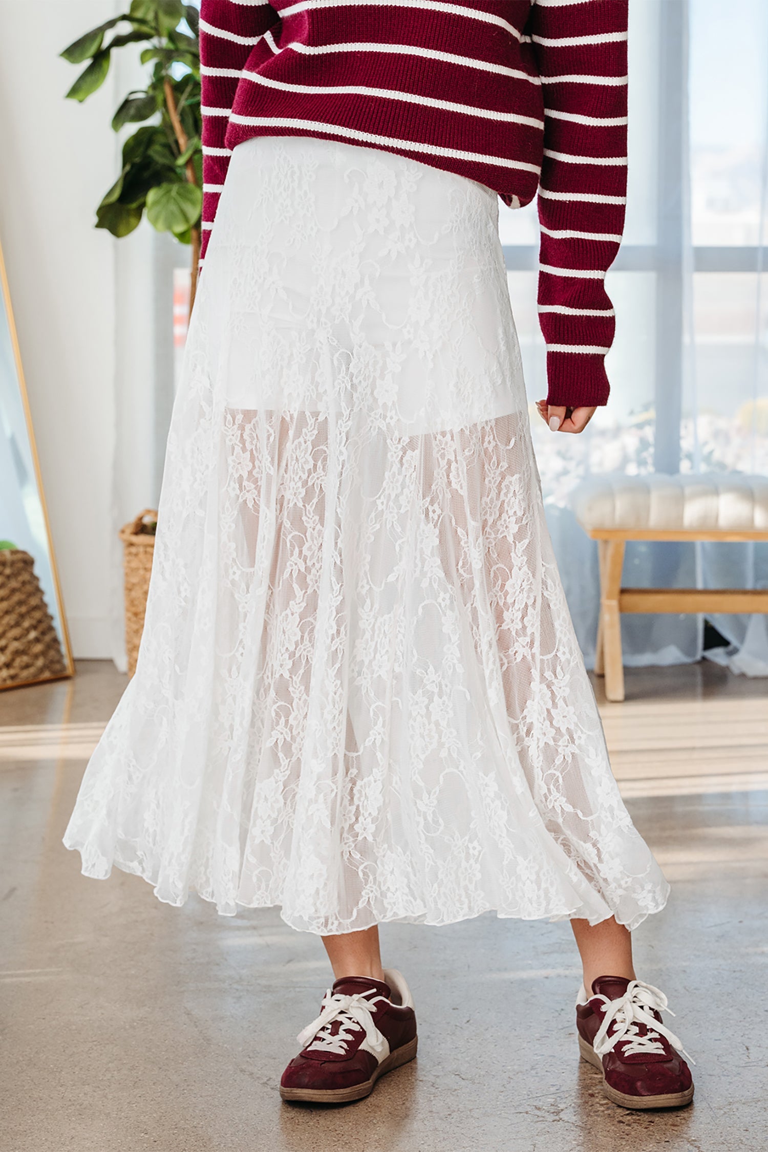 White Sheer Polished Sheer Floral Lace Flowy Maxi Skirt