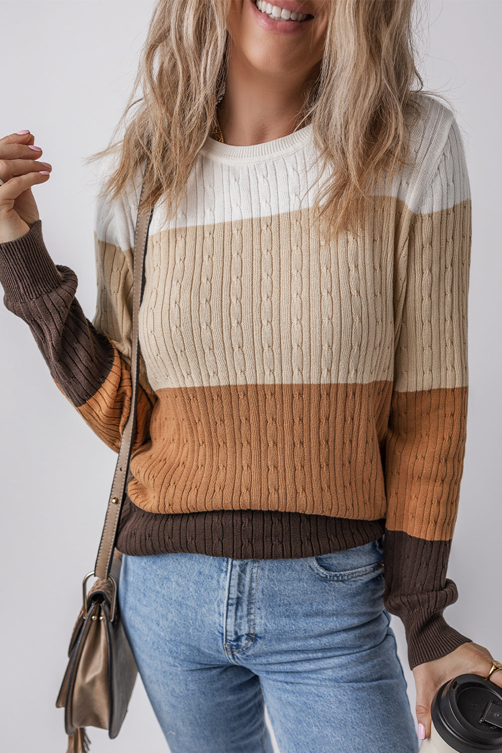 Colorblock Knit Round-Neck Cable Knit Top in Khaki