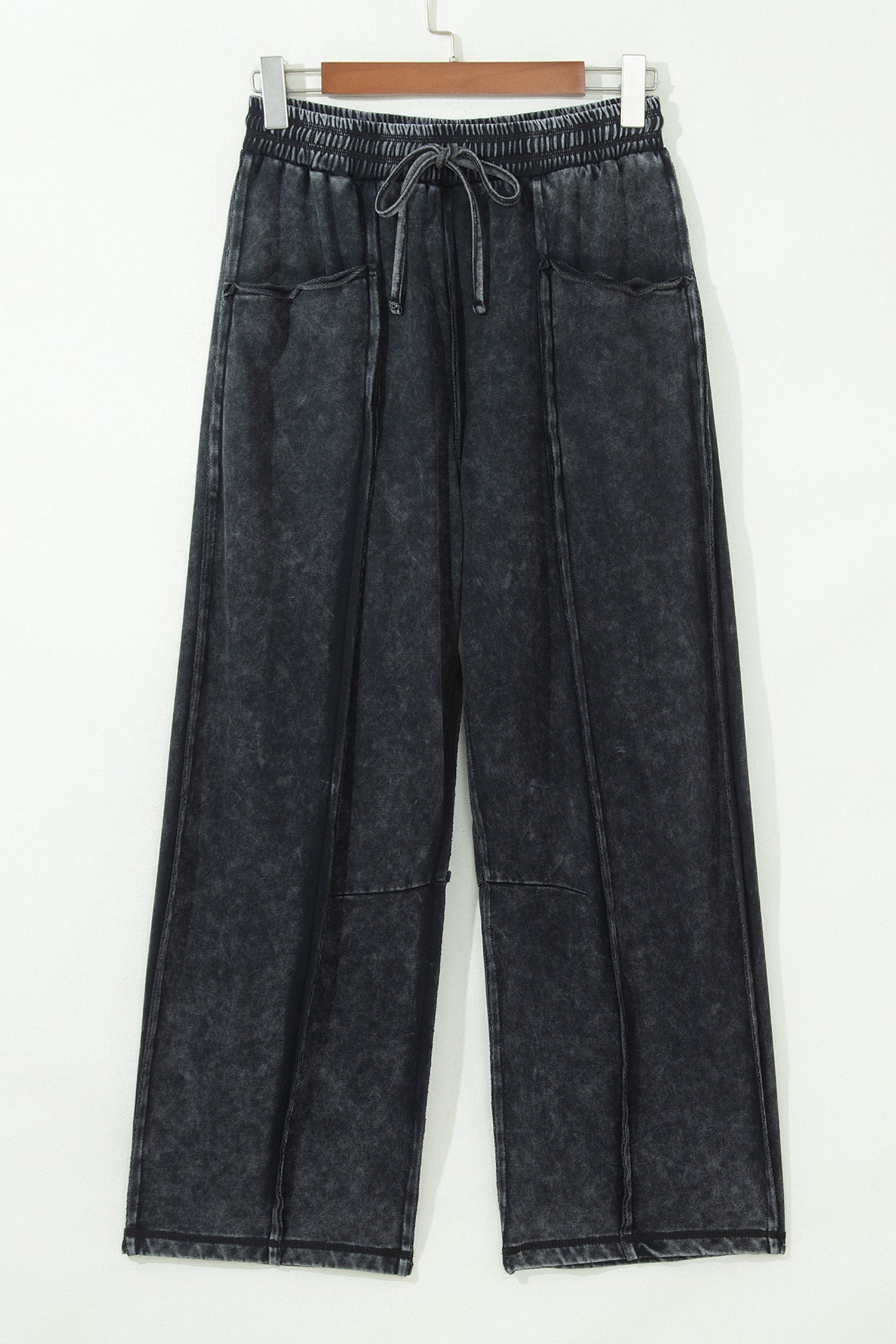 Raw Seam Drawcord Elastic Waist Barrel Pants in Black