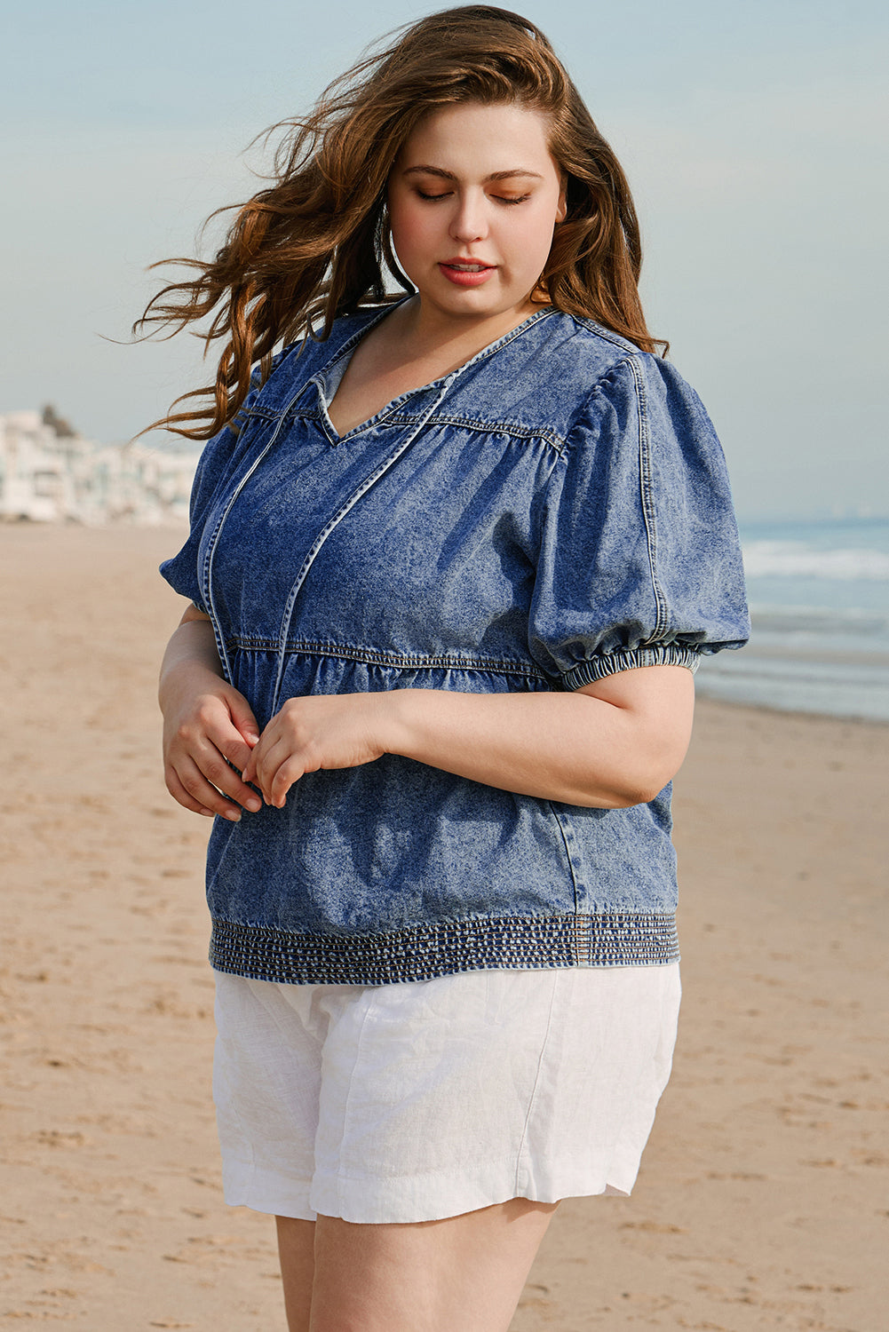 Plus Drawstring V Neck Puff Sleeve Denim Blouse