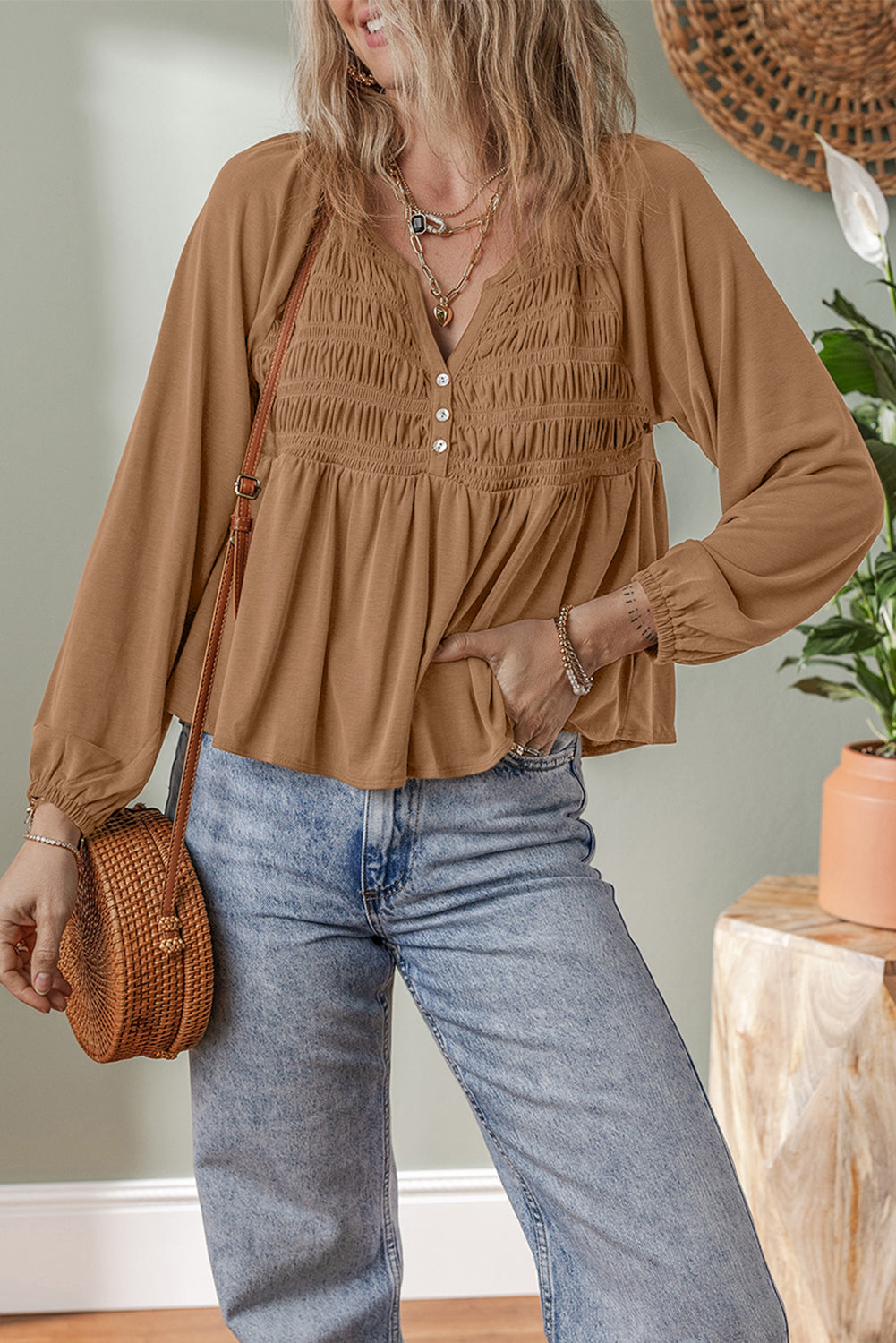 Button-Front Smocked Bust Split V-Neck Flow Fit Blouse