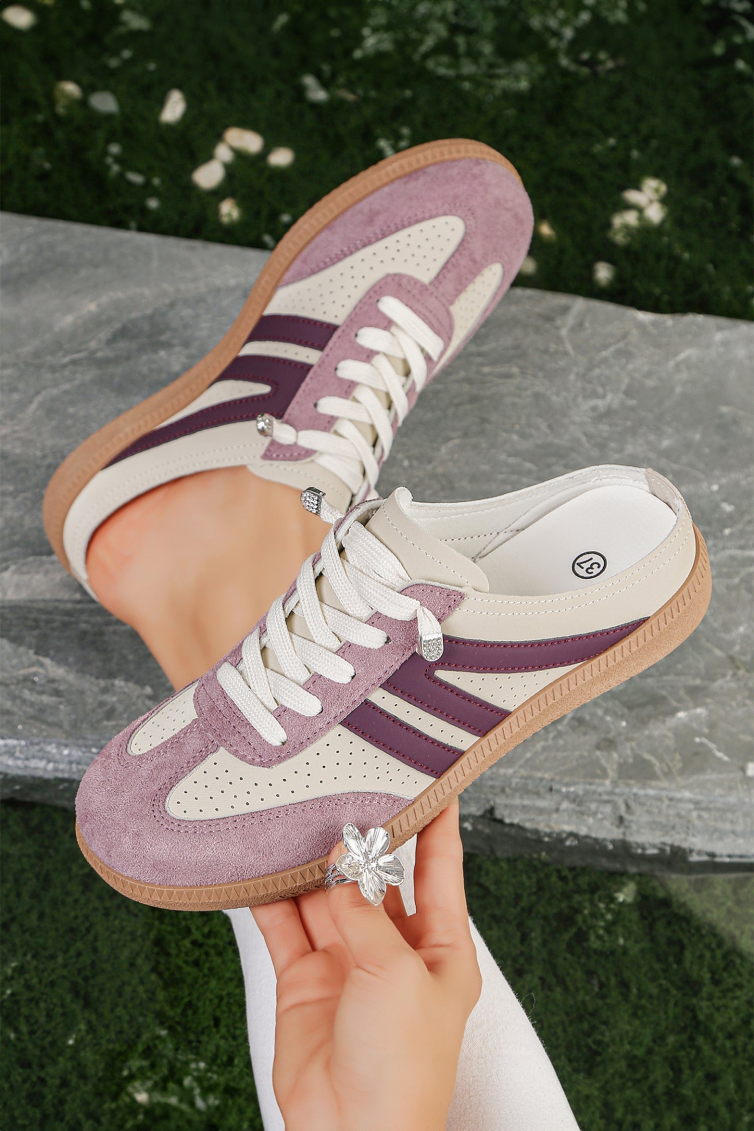 Eyelet PU Leather Patchwork Color Pop Sneakers in Pink