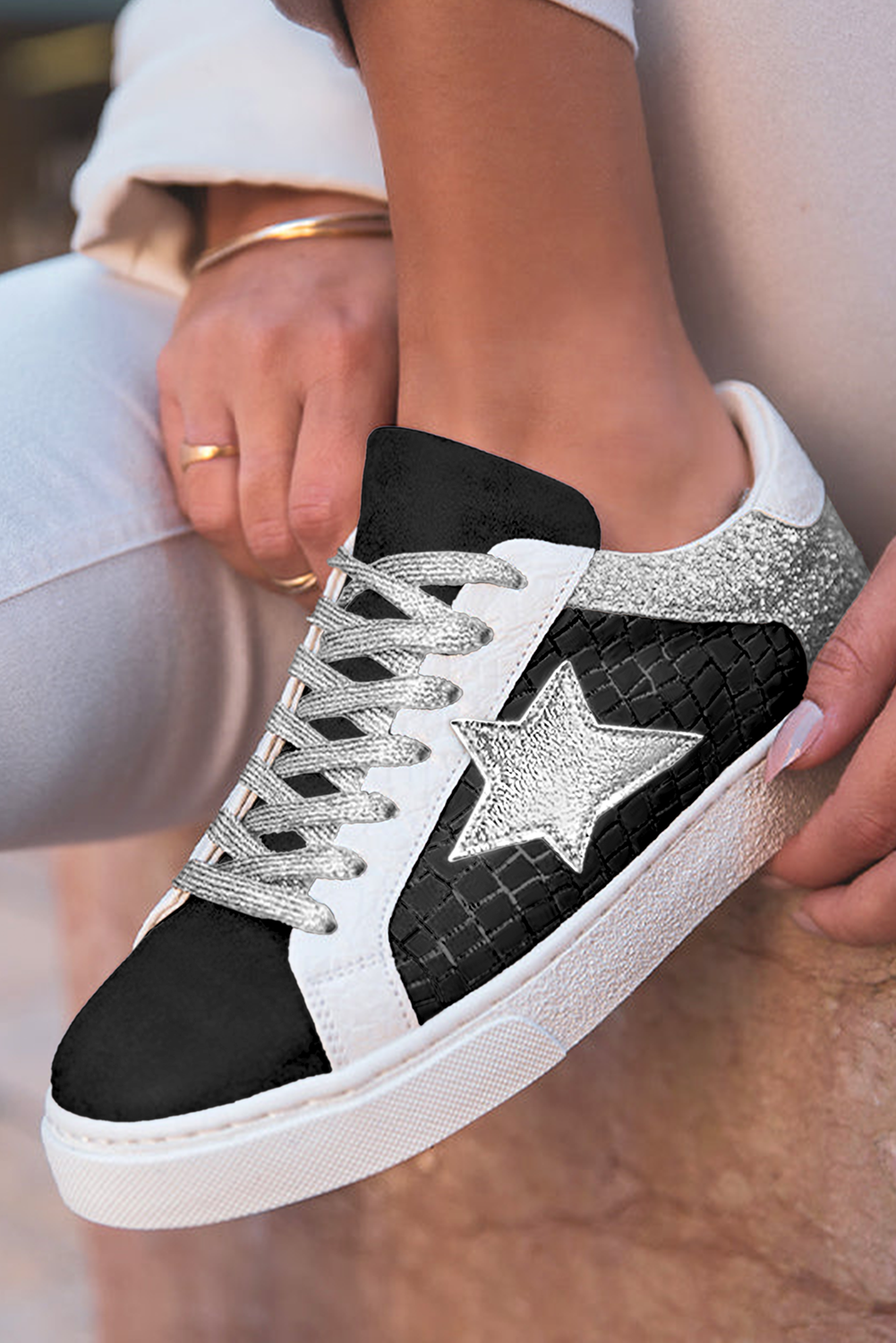 Glitter Star Patchwork PU Leather Lace-up Sneakers Style