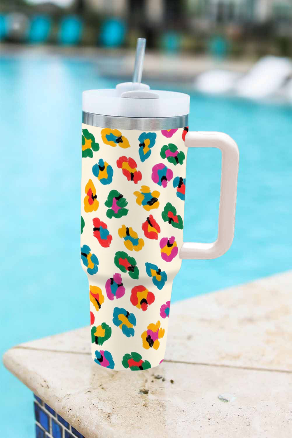Leopard-Print Multi Color Handle Stainless Tumbler 40oz