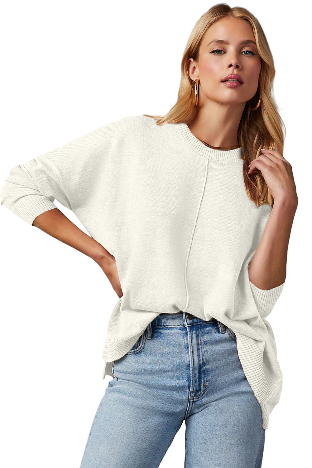 Center Seam Front Seam Drop-Shoulder Pullover Solid Knit Top