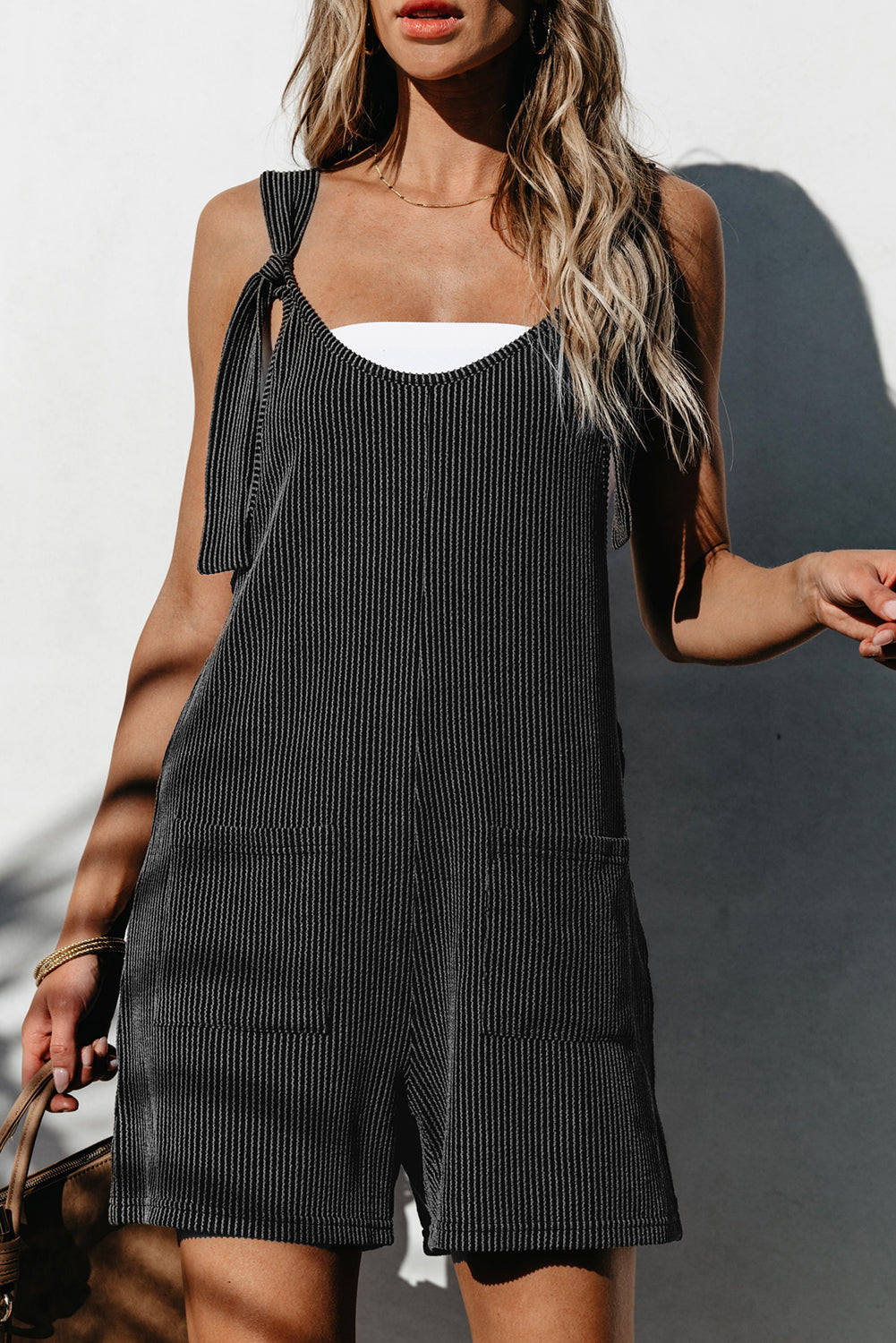 Women's Romper with Striped Knotted Straps Pocket-Detail