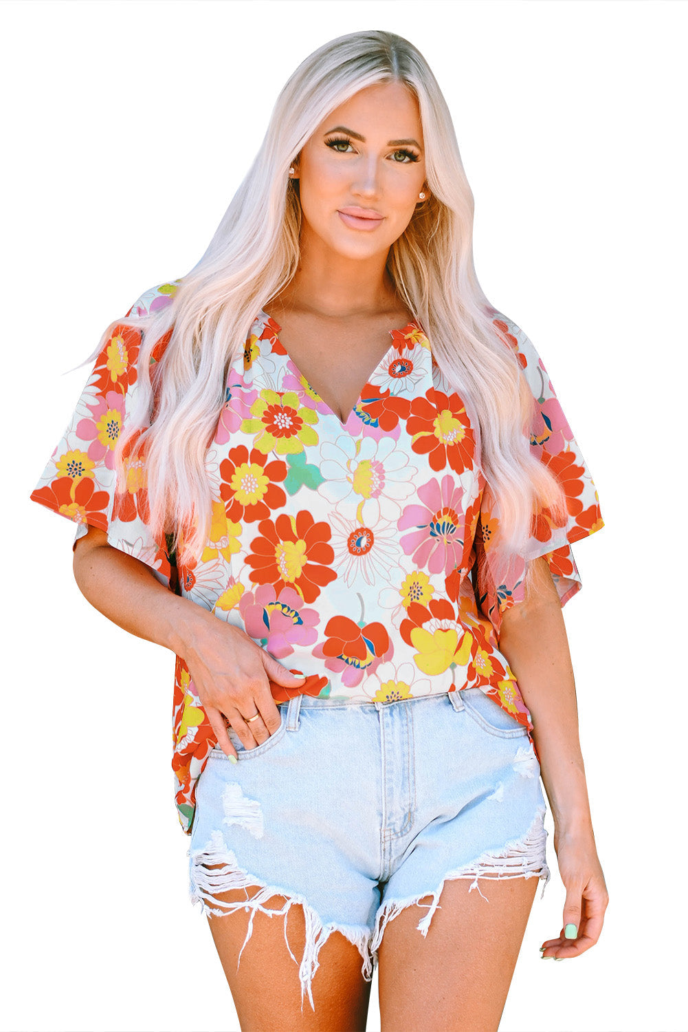 Women's Blouse with Half Sleeve Abstract Print V Neck