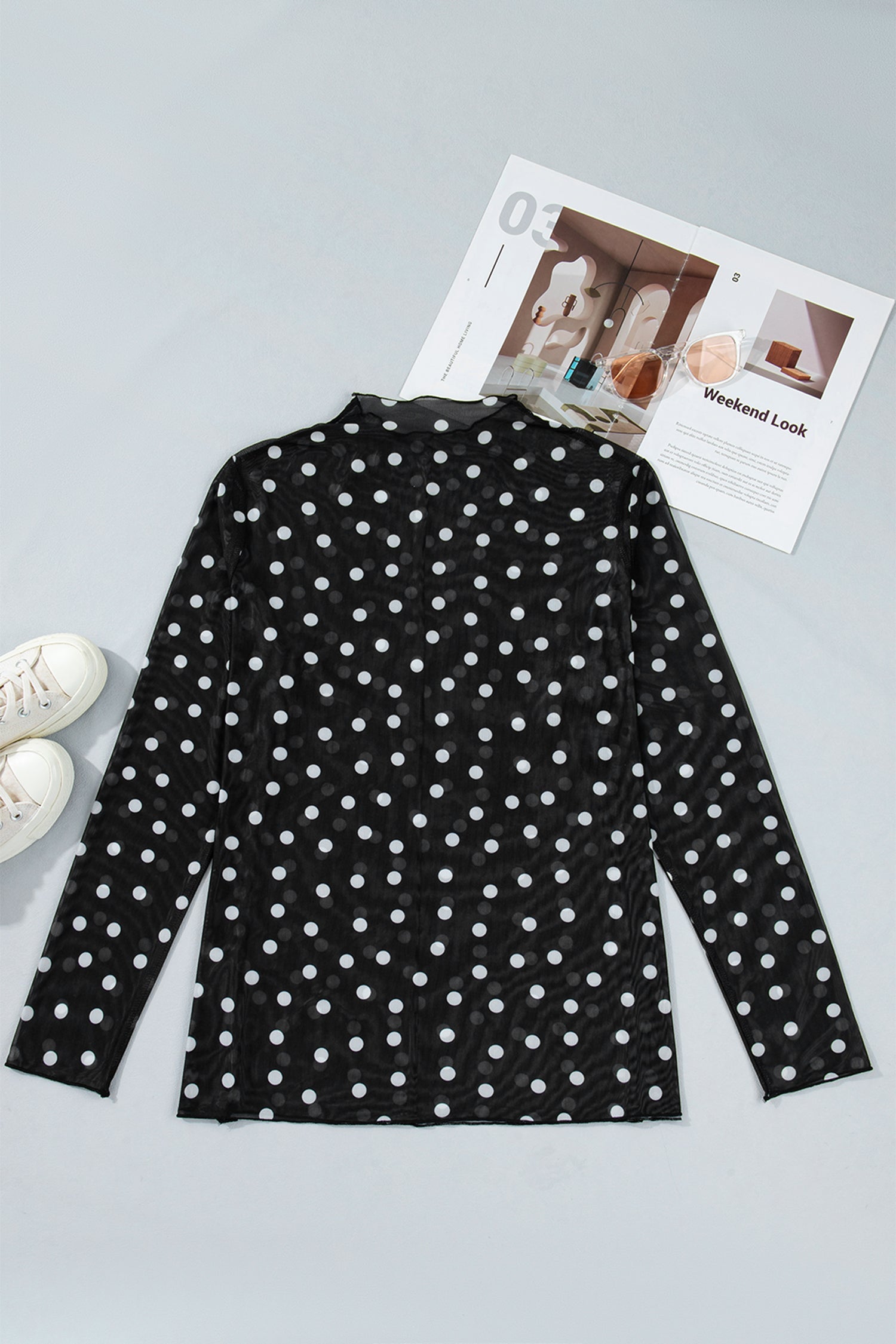 Plus Size Mock-Neck Polka-Dot Long-Sleeved Mesh Top in Black