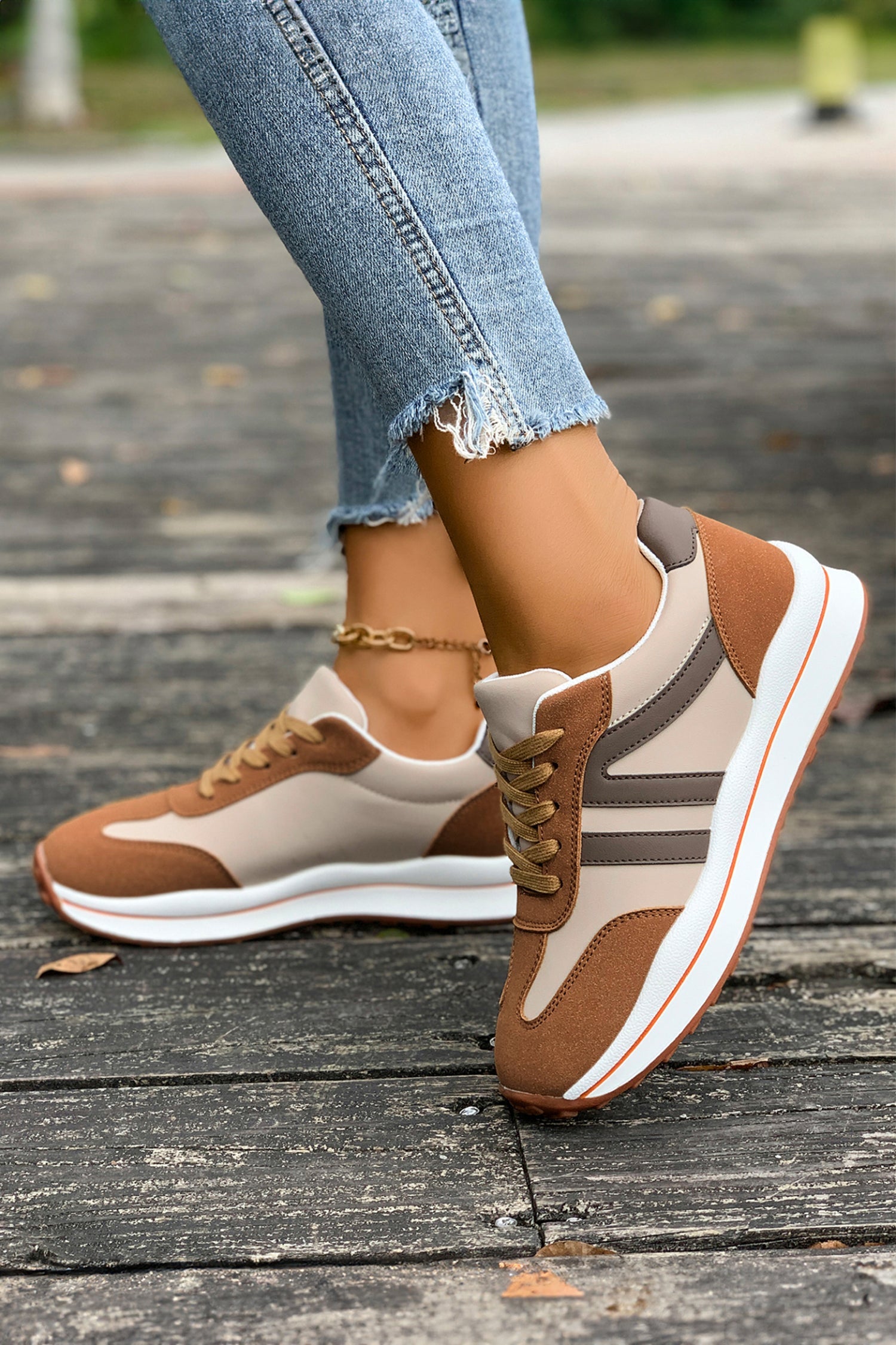 Patchwork Varsity Colorblock Lace-up Leather Sneakers in Brown