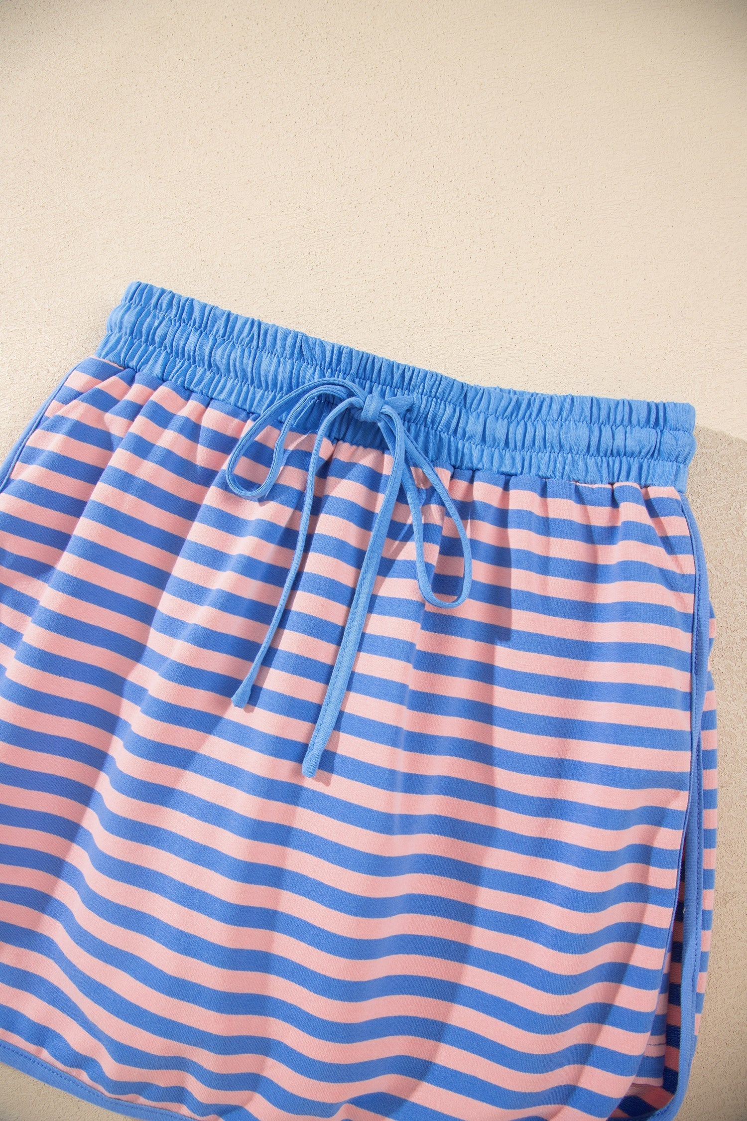 Stripe Long-Sleeved Easy-Fit Pullover Drawcord Mini Skort 2-Piece Outfit in Blue