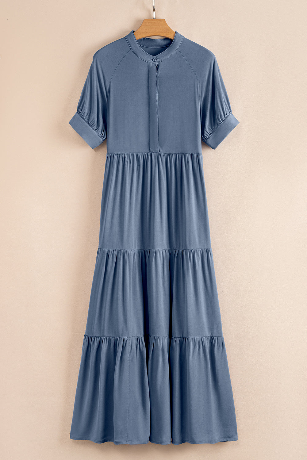 Hidden Ruffle Buttons Short-Sleeved Tiered Long Flared Dress
