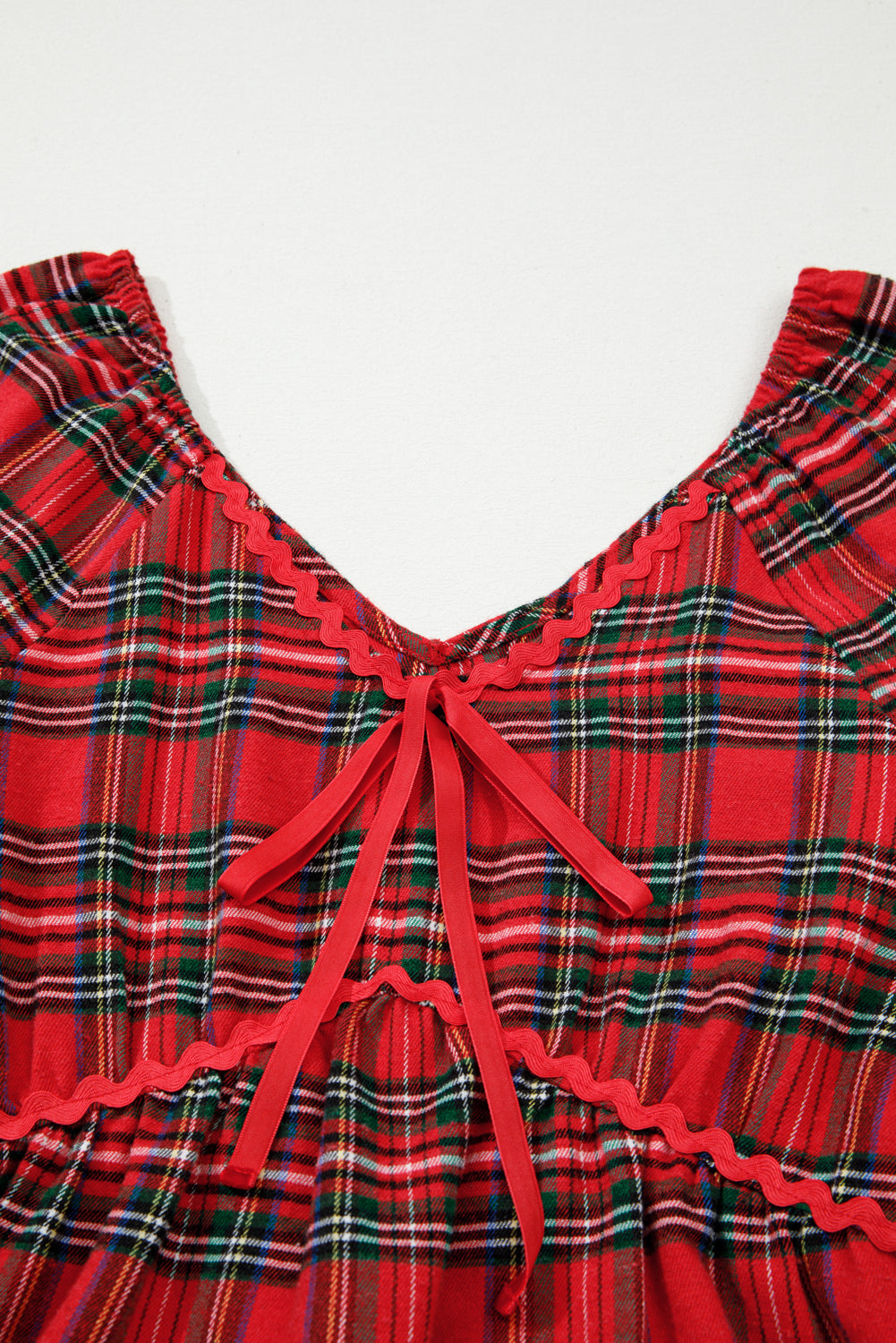 Ricrac Plaid Print Tiered Bubble Sleeve Mini Dress in Red