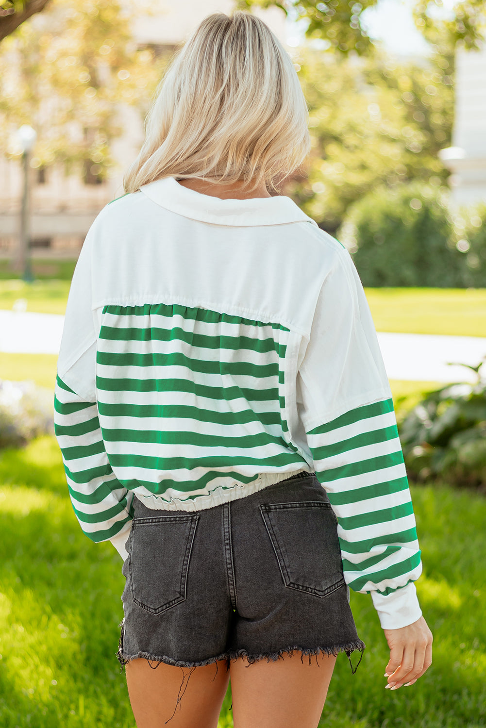 V-Neck Colorblock Collared Cropped Knit Pullover