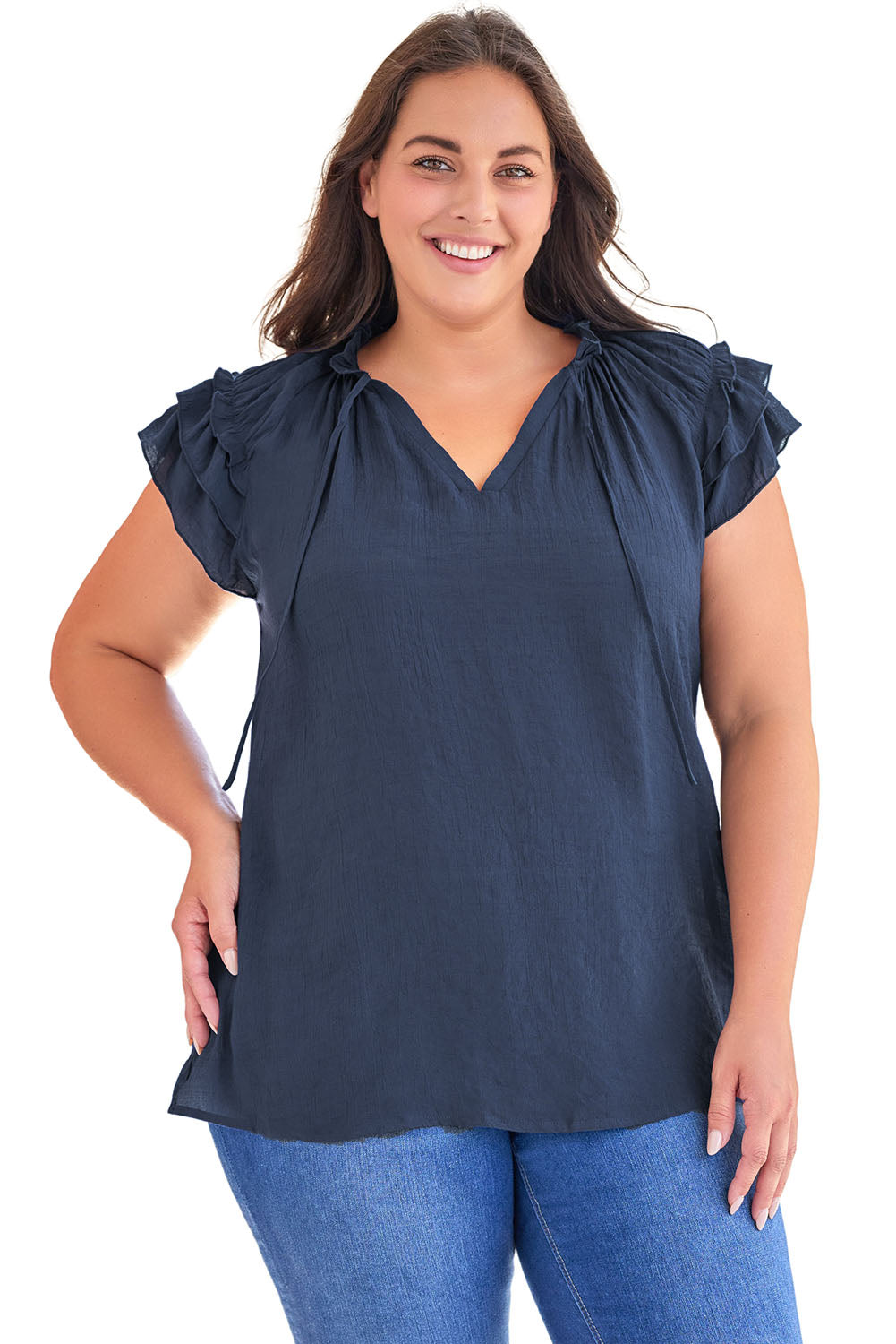 Blouse for Women Ruffle-Trimmed Sleeve Drawcord Plus Size