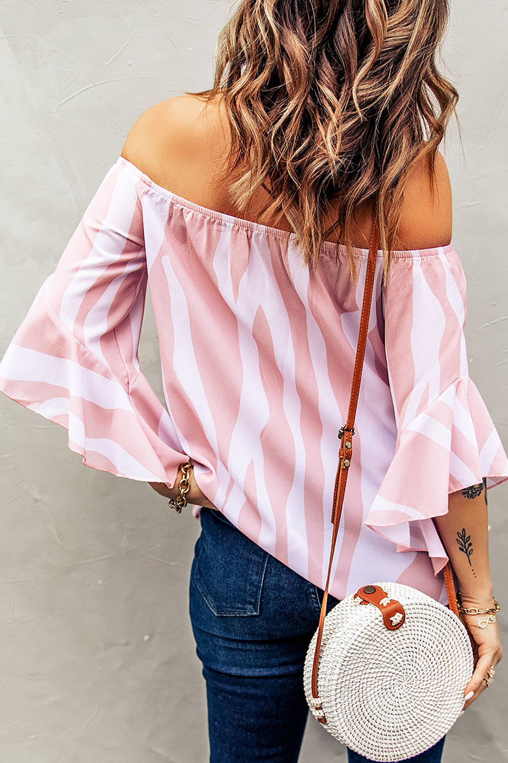 Women's Blouse Featuring Pink White Vertical Stripes Off The Shoulder