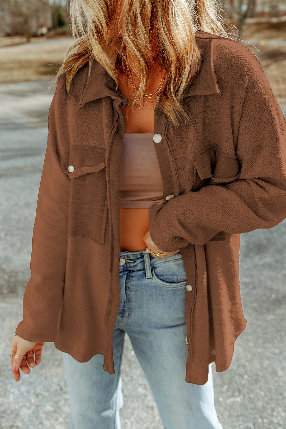 Women's Contrast Flap Pockets Brown Relaxed Shacket