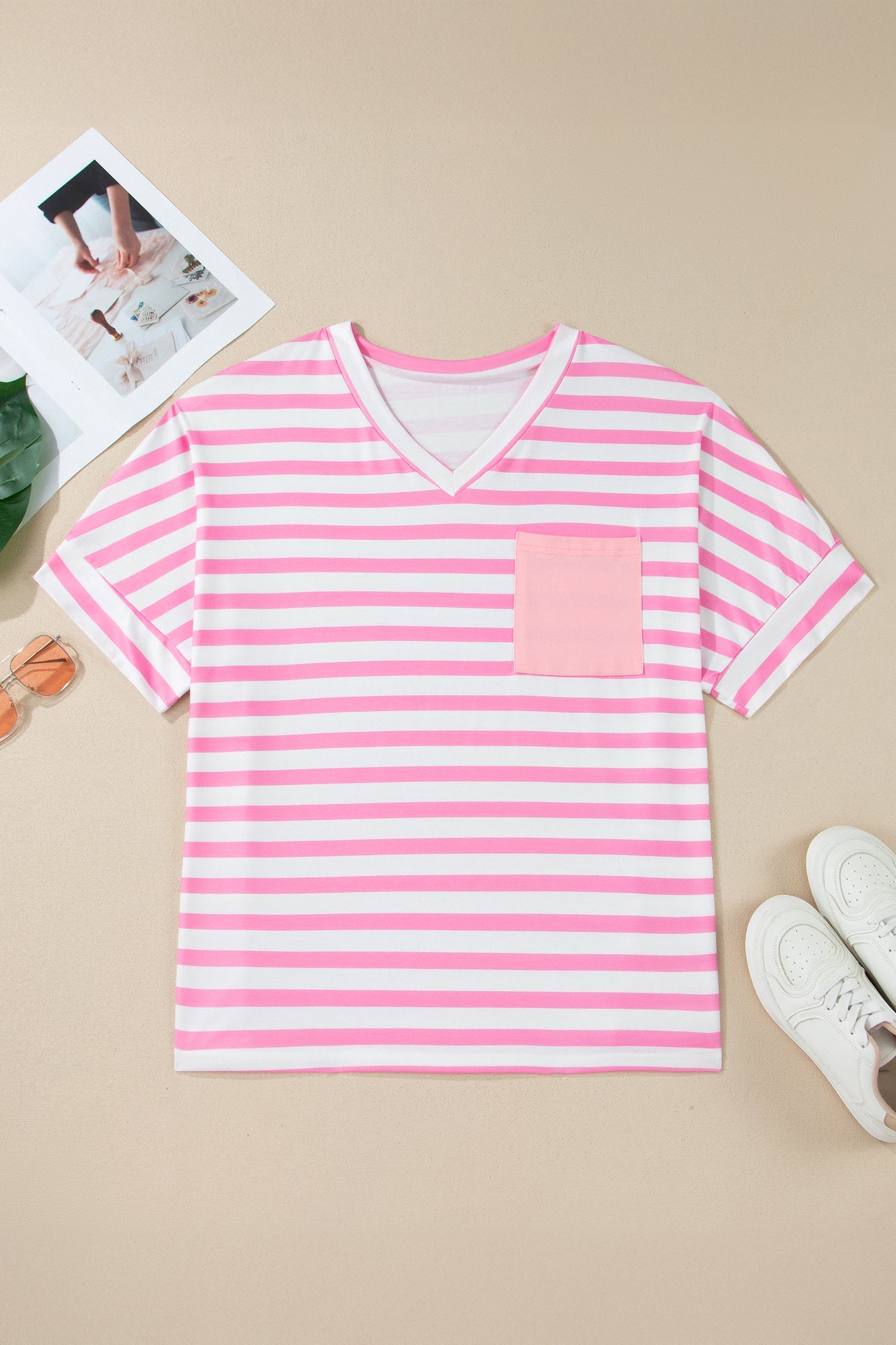 Patched Pocket Stripe Pocket V-Neck Plus Size Tee in Pink