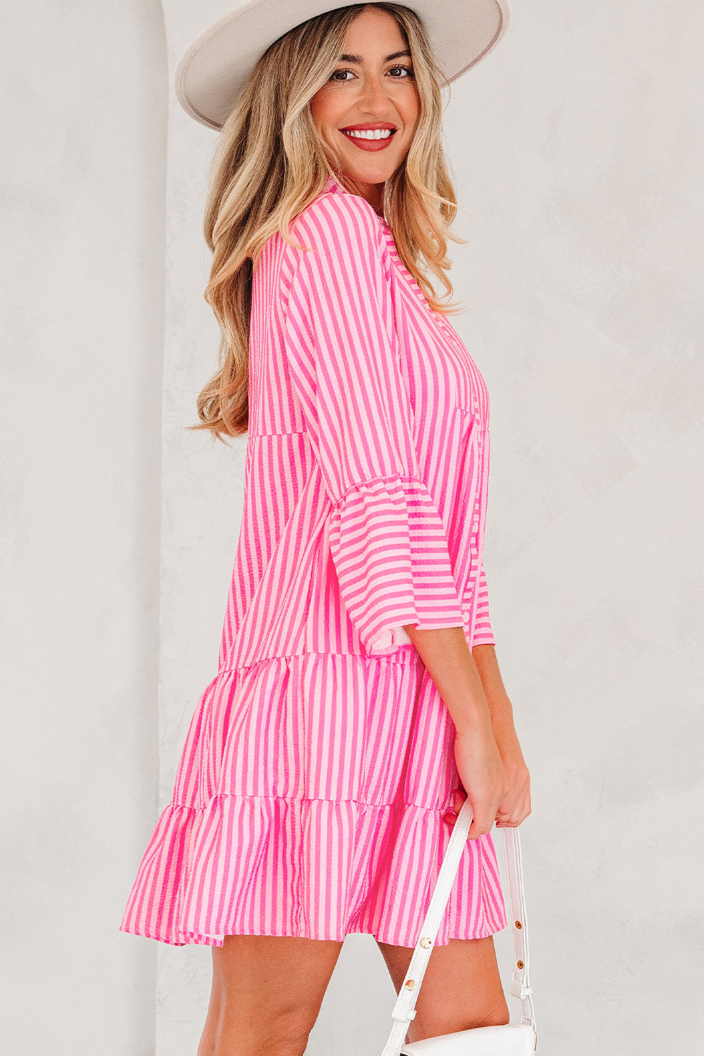 Half Flare Sleeve Placket Tiered Flowy Mini Dress