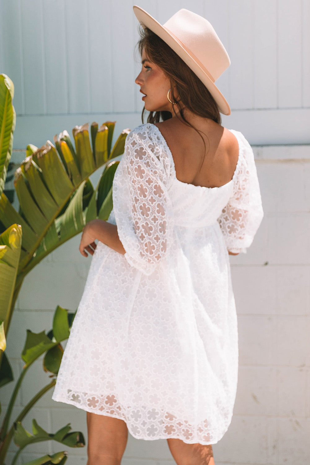 Floral Lace Puff Sleeve Mini Dress in White