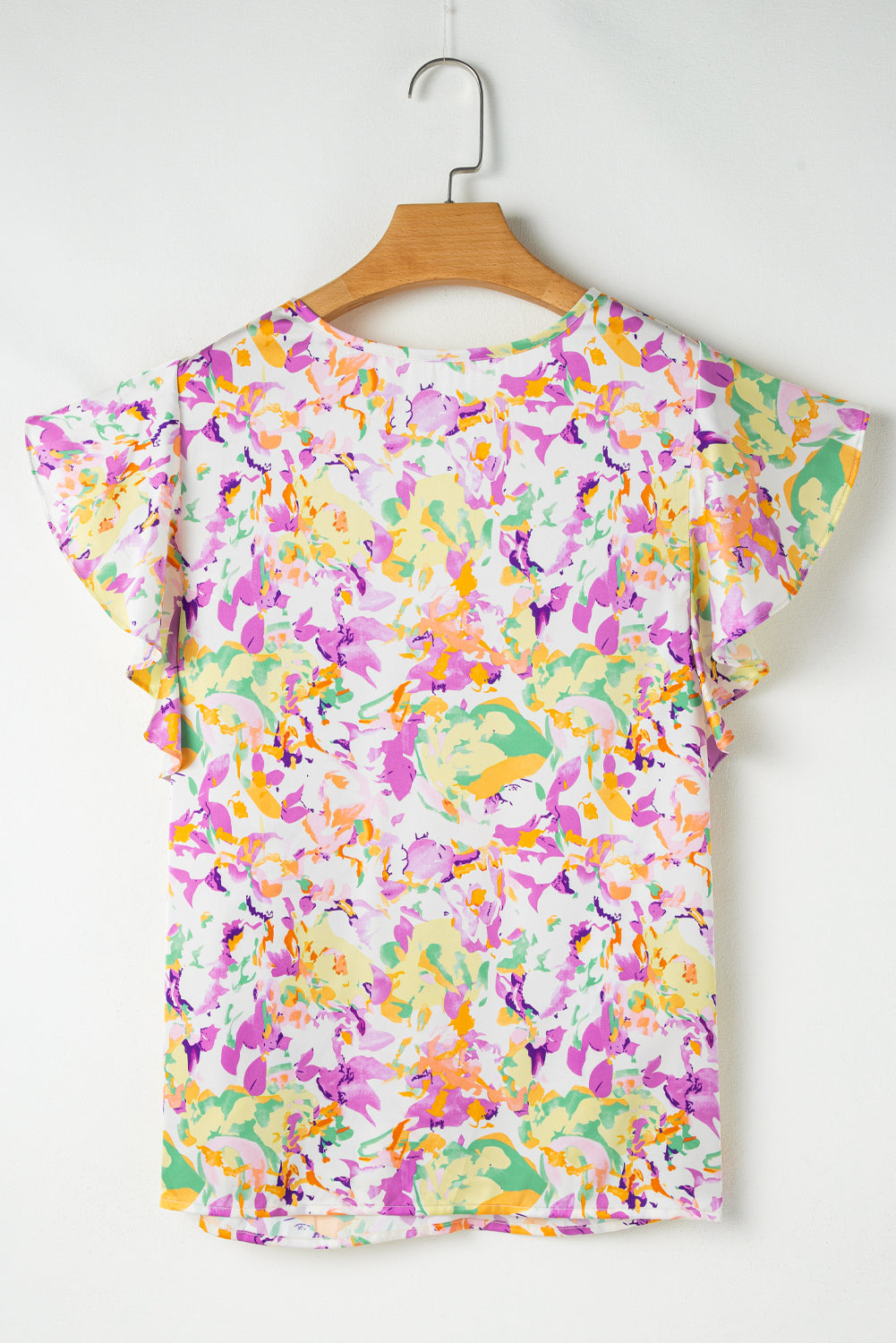 Abstract Printed Ruffled Short Sleeve Notched Neck Blouse