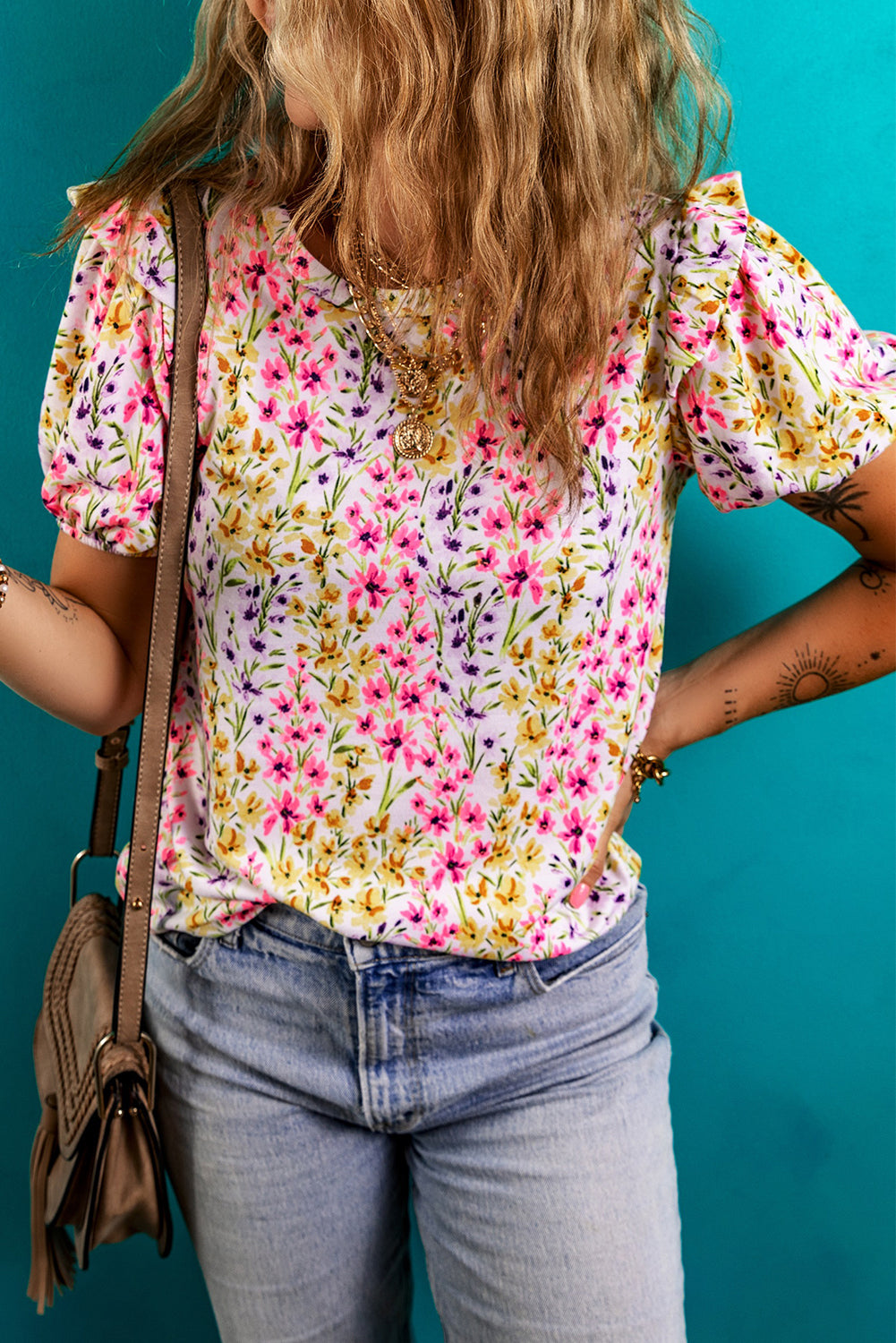 Floral Puff Short-Sleeved Crewneck Blouse