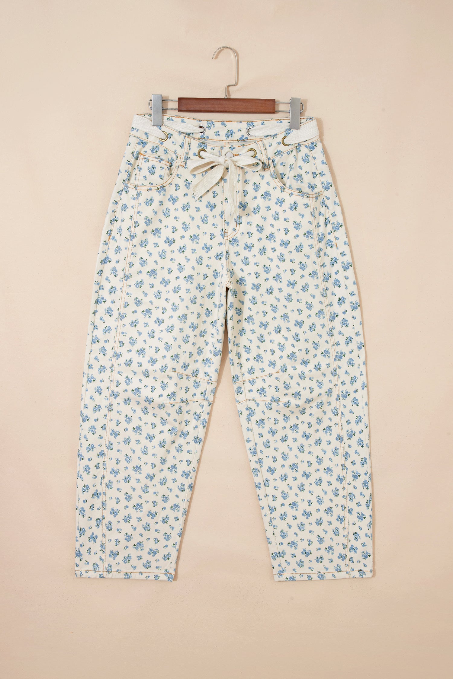 Grommet Knot Waist Floral Barrel Leg Jeans in Beige