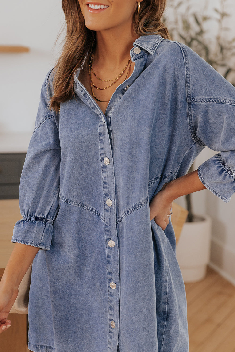 Women's Button-Front Long-Sleeve Denim Mini Dress