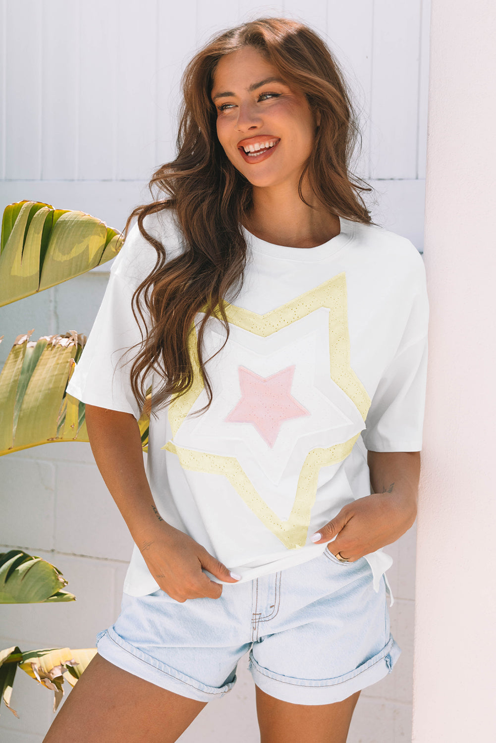 Star Layered Patched Graphic Drop-Shoulder Half Sleeve Loose Tee