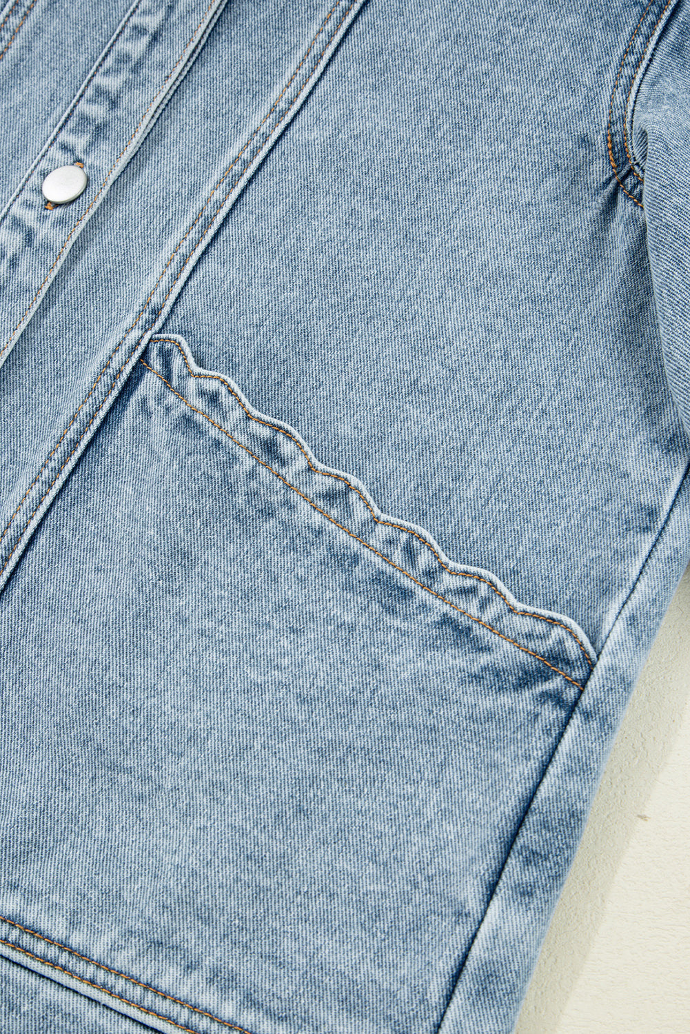 Scallop Patched Trim Collar Pocket Button-Front Denim Jacket