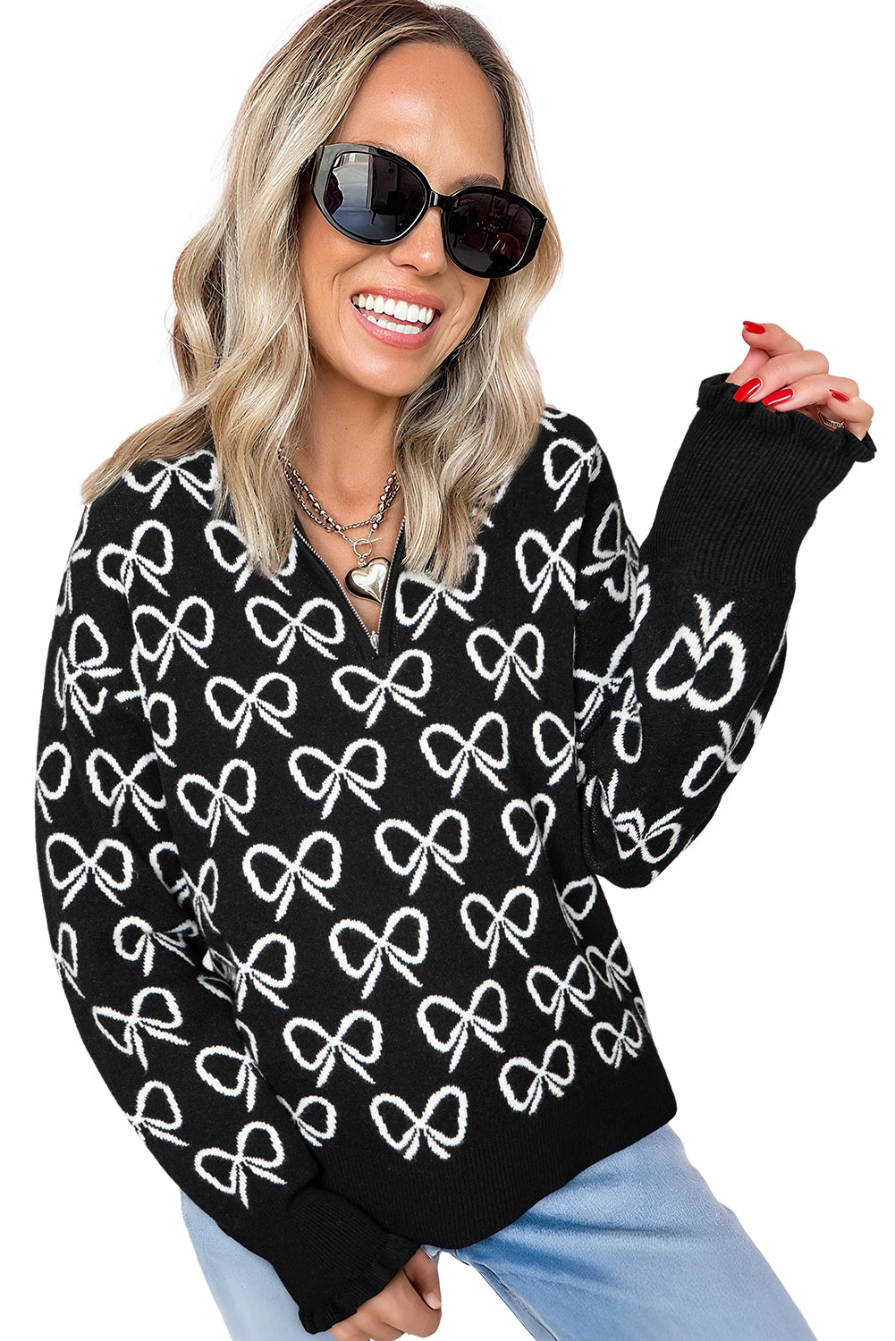 Bow Pattern Cute Pattern Drop-Shoulder Zip Collar Knit Top