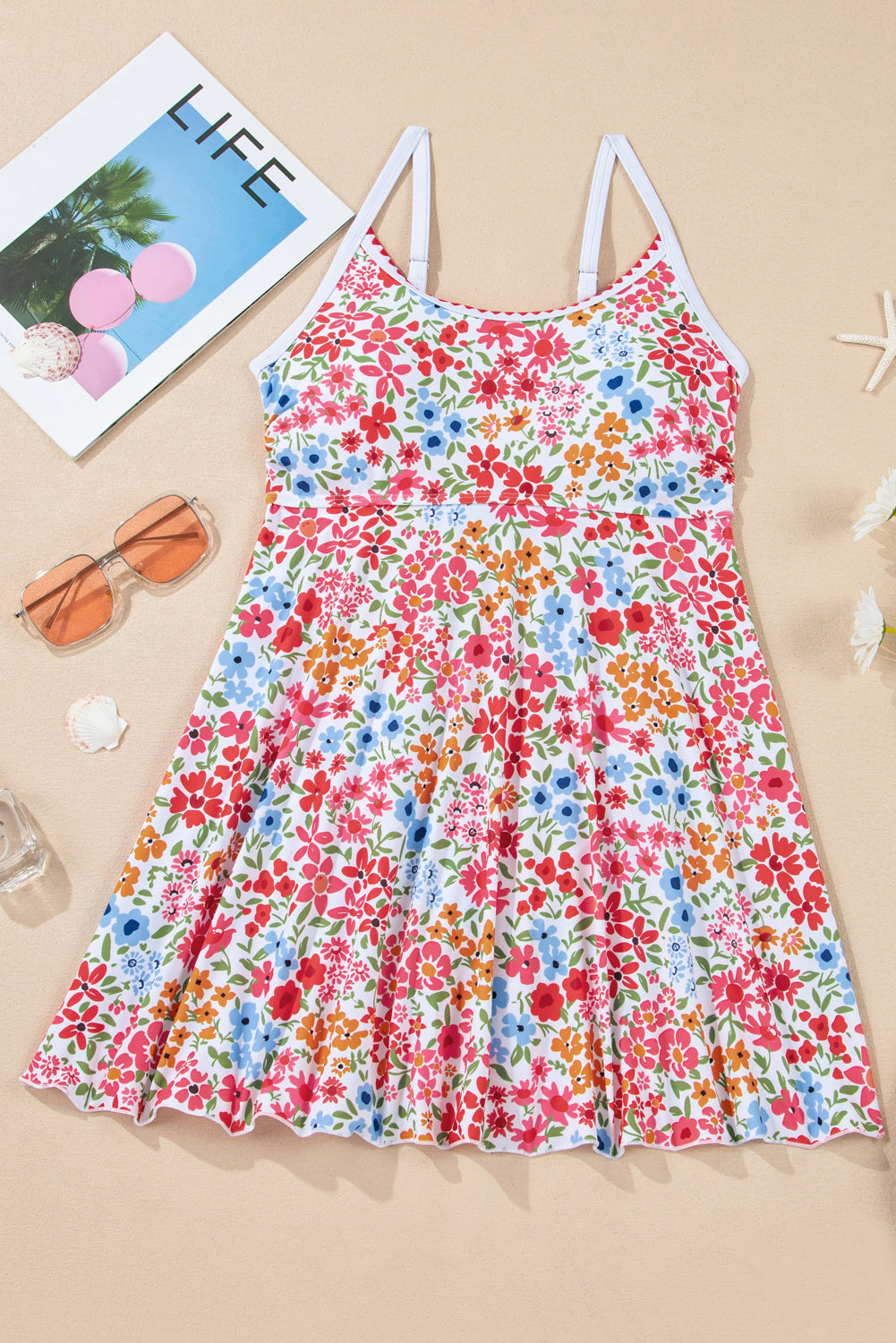Trim Floral-Print Ricrac Spaghetti Strap One Piece Swim Dress in Red