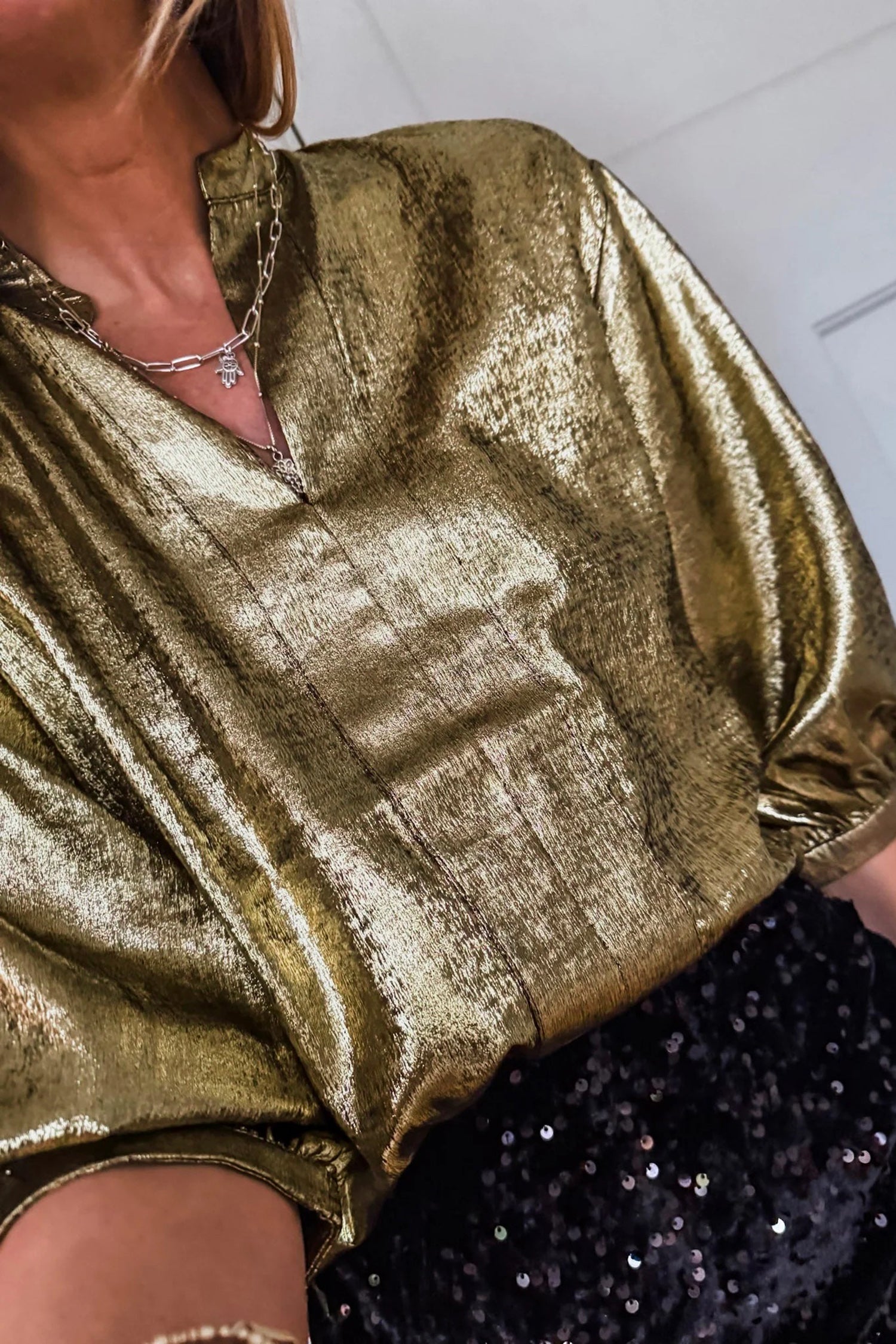 Metallic Half Split Neck Sleeve Blouse