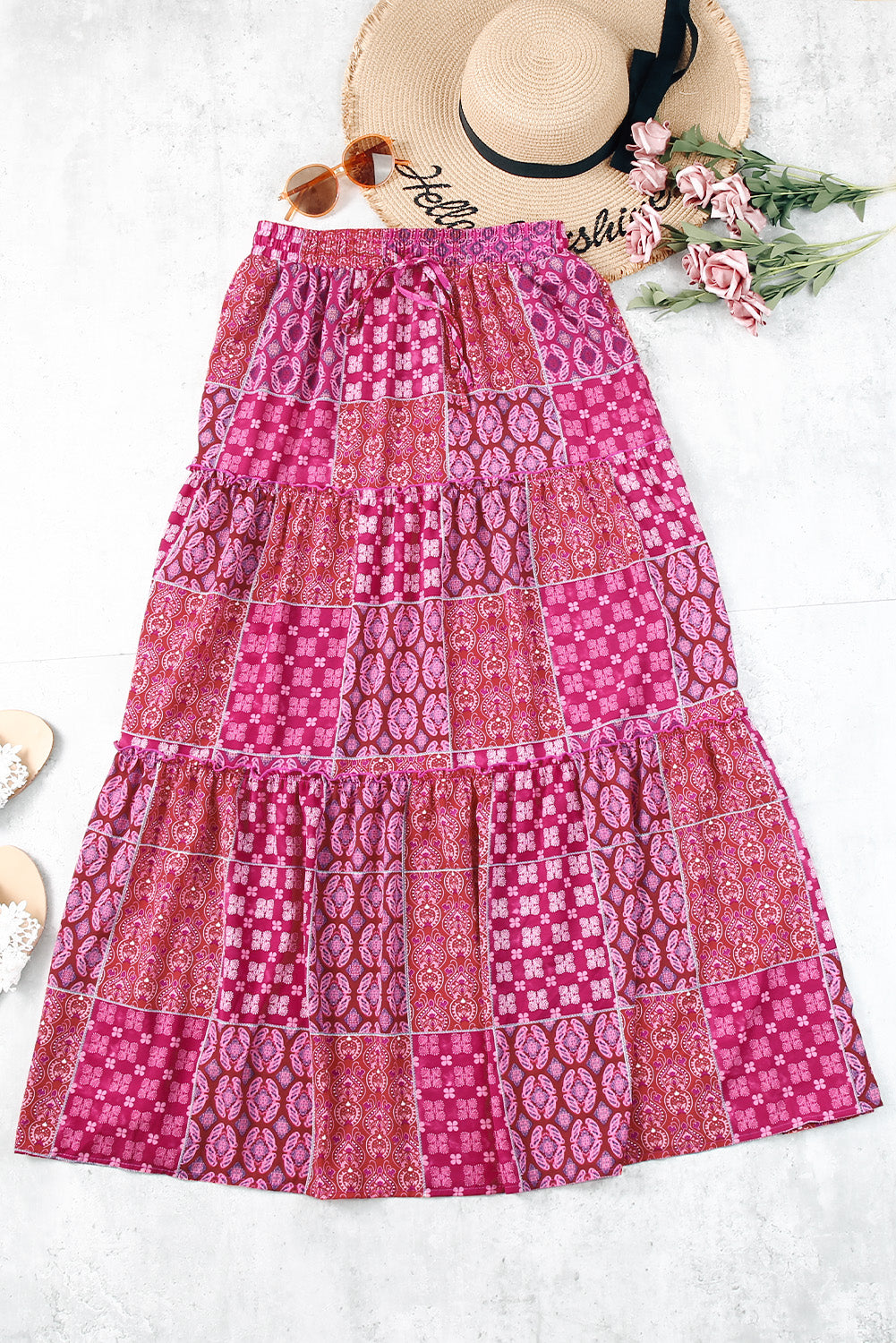 Tiered Pocket-Detail Paisley Print Boho Maxi Skirt in Purple
