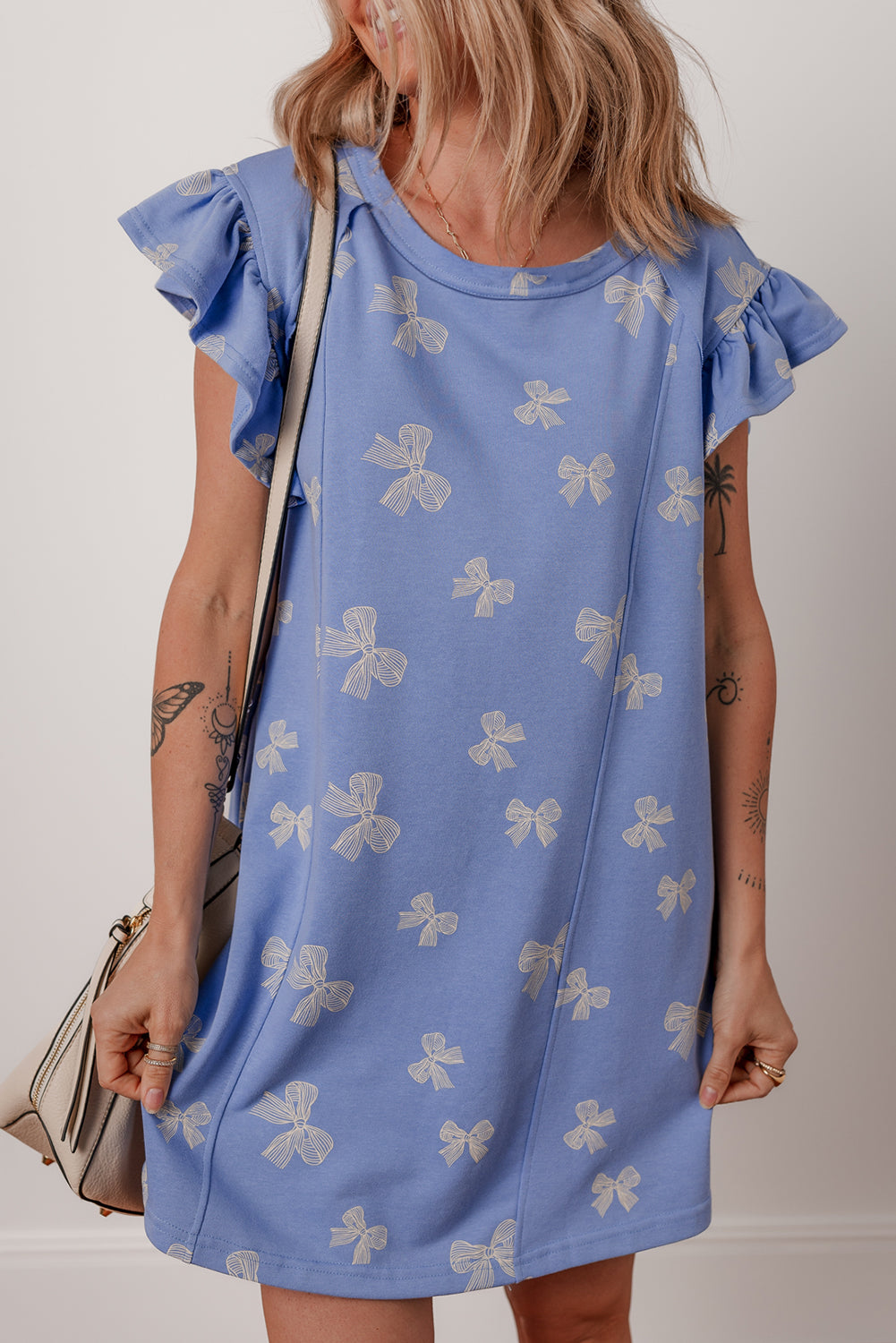 Bow Knot Print Crewneck Ruffled Sleeve Shift Mini Dress