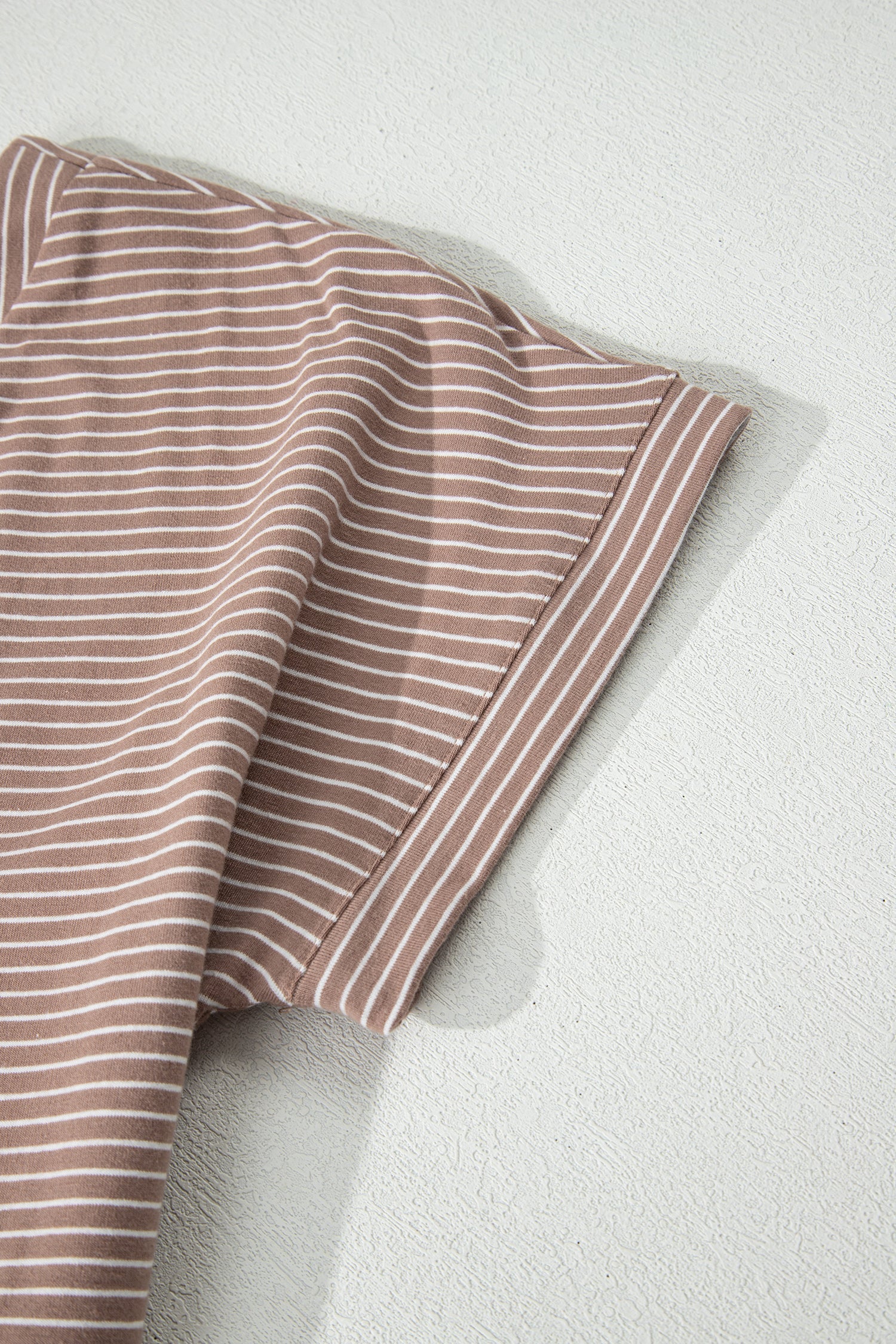 Stripe Button-Front V-Neck High Low Side Slit T Shirt in Khaki