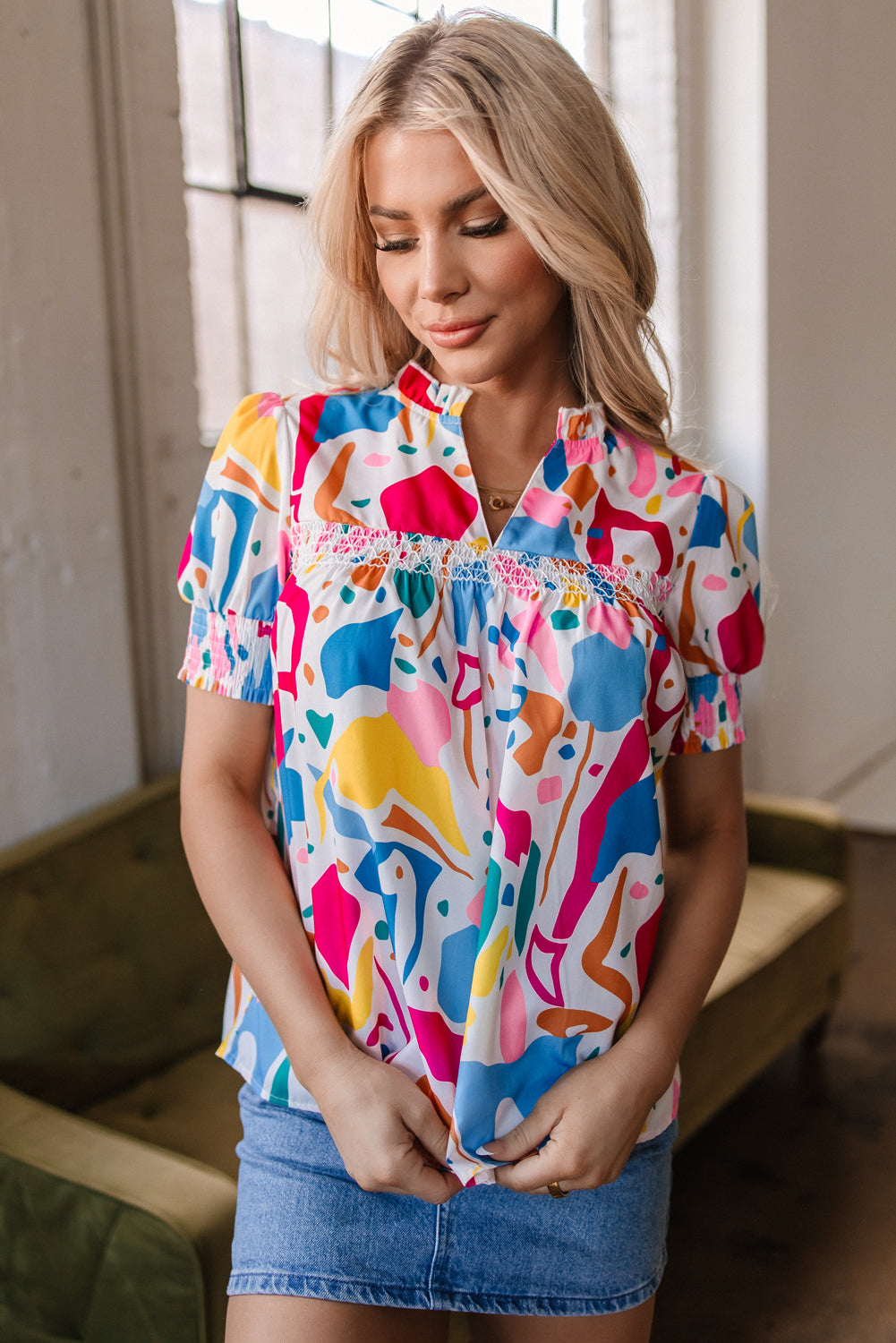 Abstract Print Lace Short Sleeve Split Neck Blouse