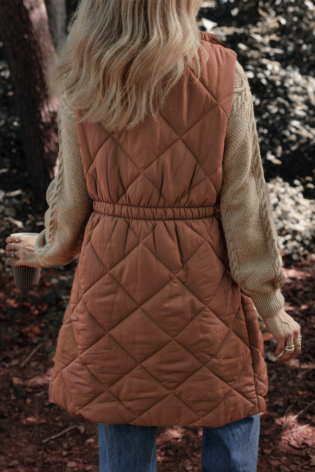 Women's Vest Featuring Puffer Longline Quilted Stand Collar