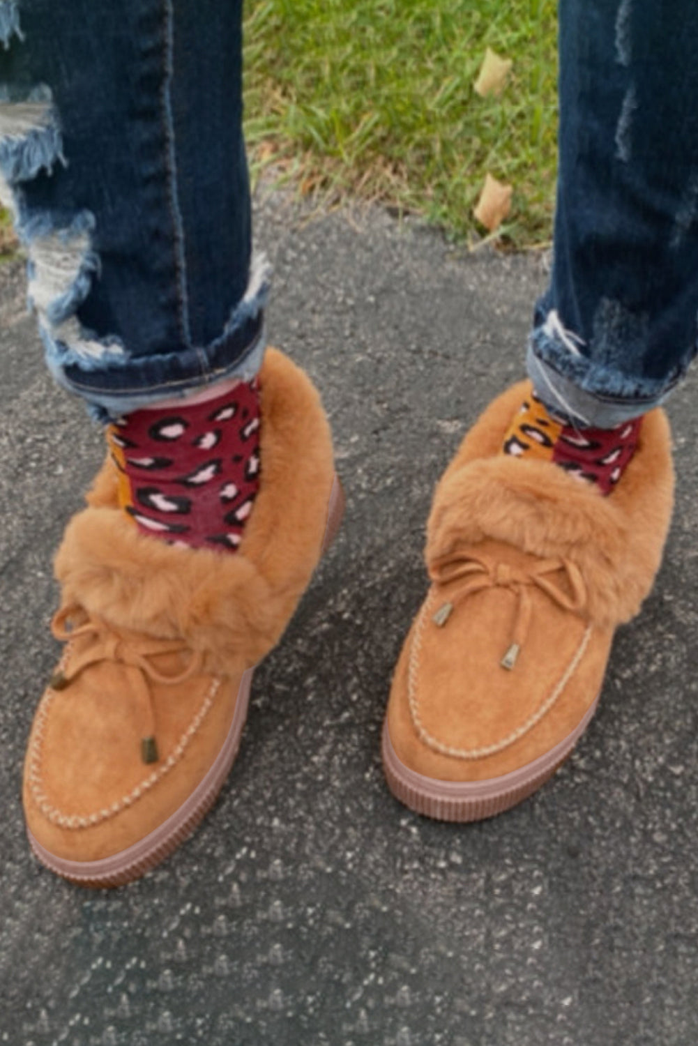 Bow Decor Faux Suede Plush Lined Winter Flats