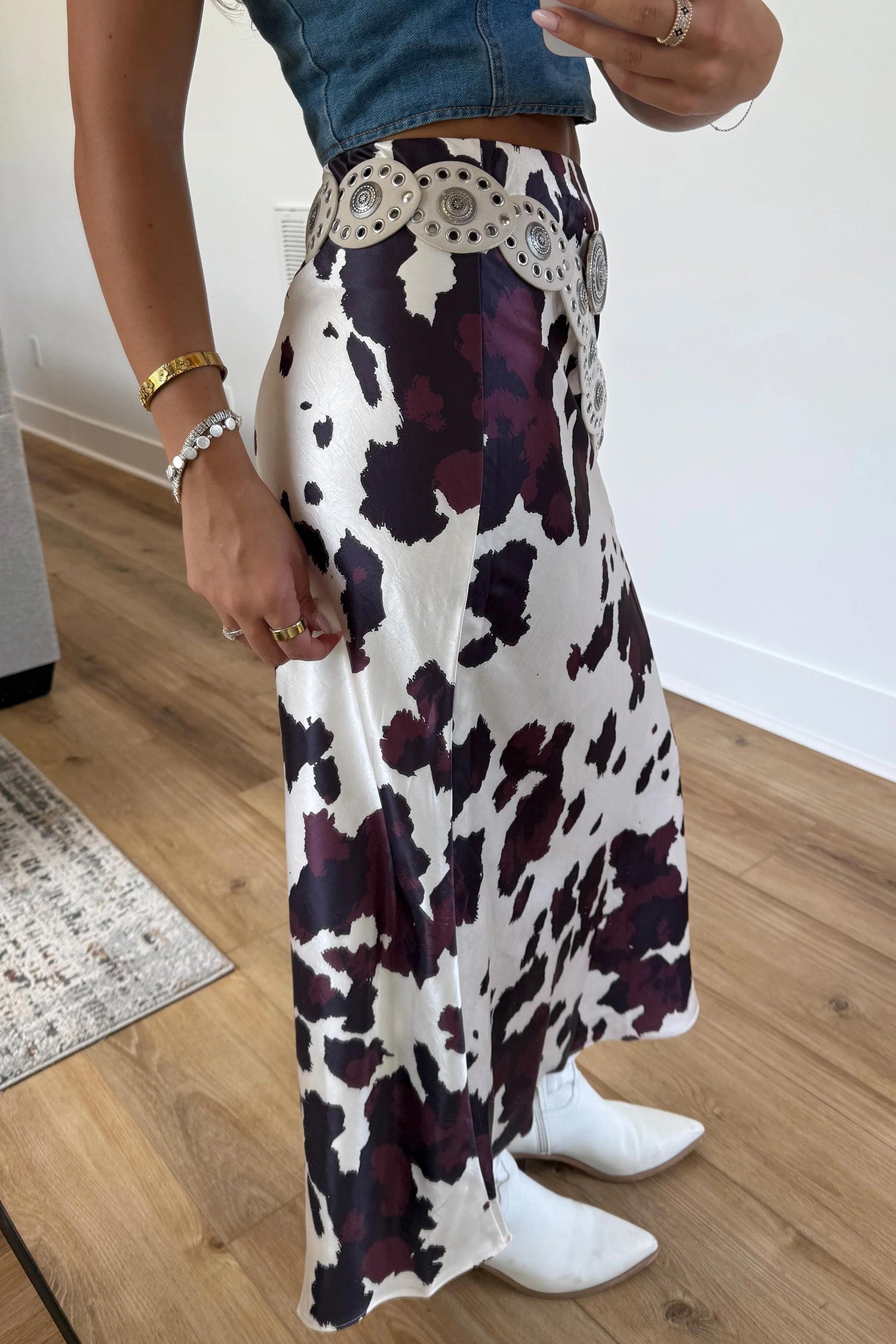 Abstract Long Print Western Metal Zip-Front Waist Daily Wear Skirt in Brown