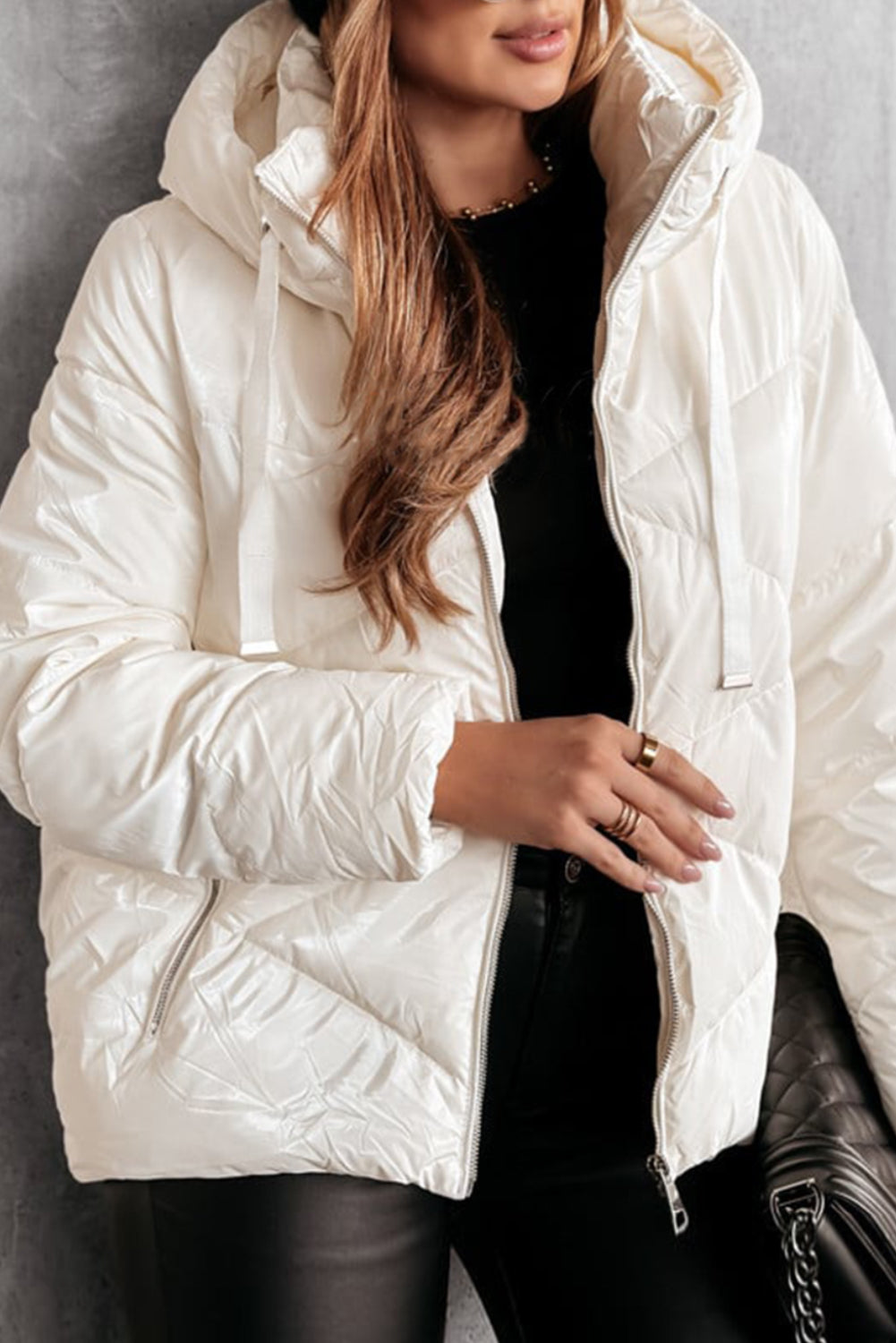Solid Zip-Front Quilted Hooded Puffer Coat in White