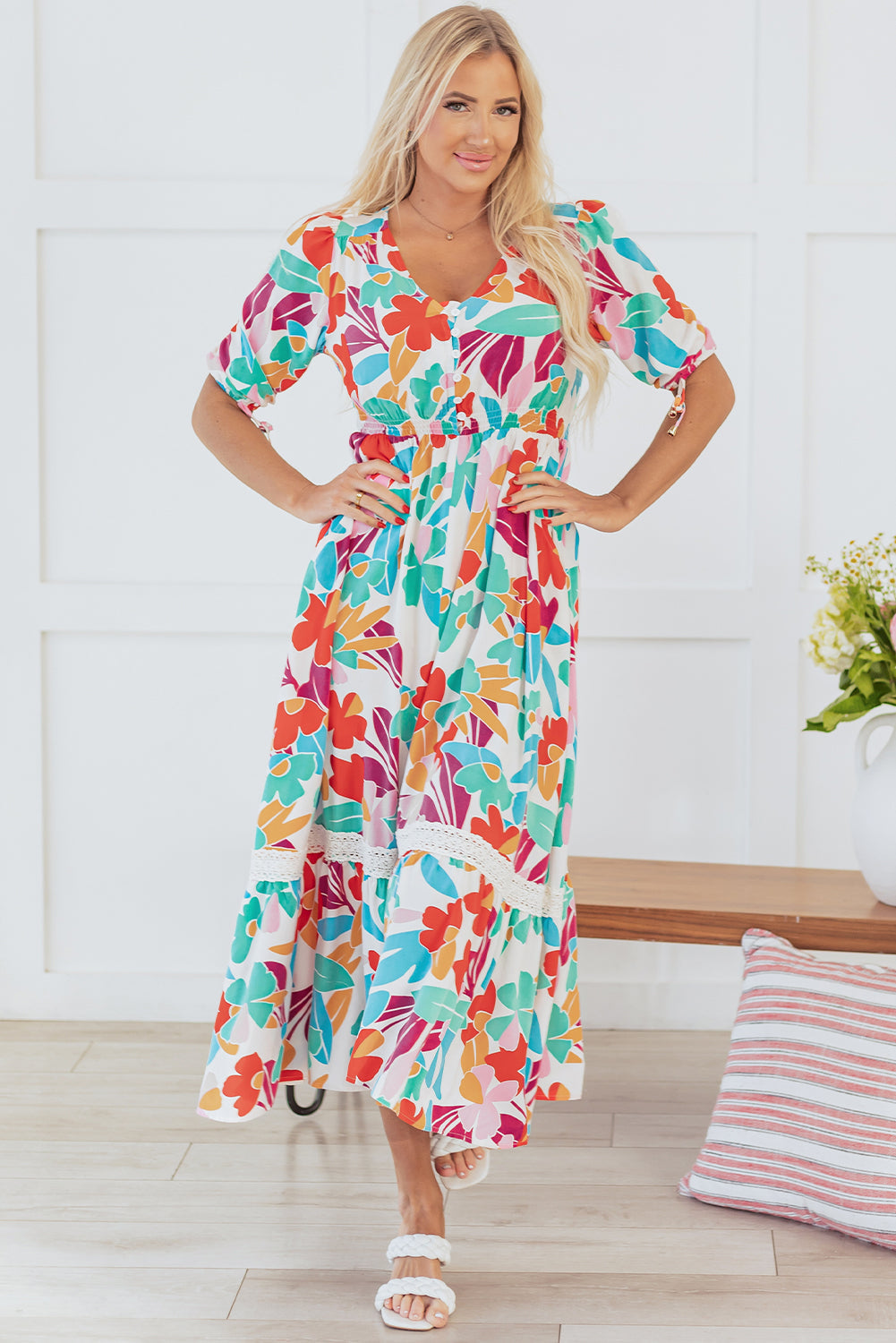 Floral Knot Buttoned Front Split Lace Maxi Dress