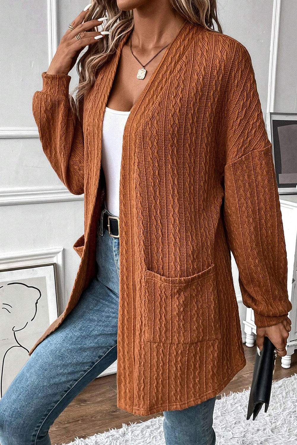 Knit Side Textured Side Pockets Open-Front Cardigan in Chestnut